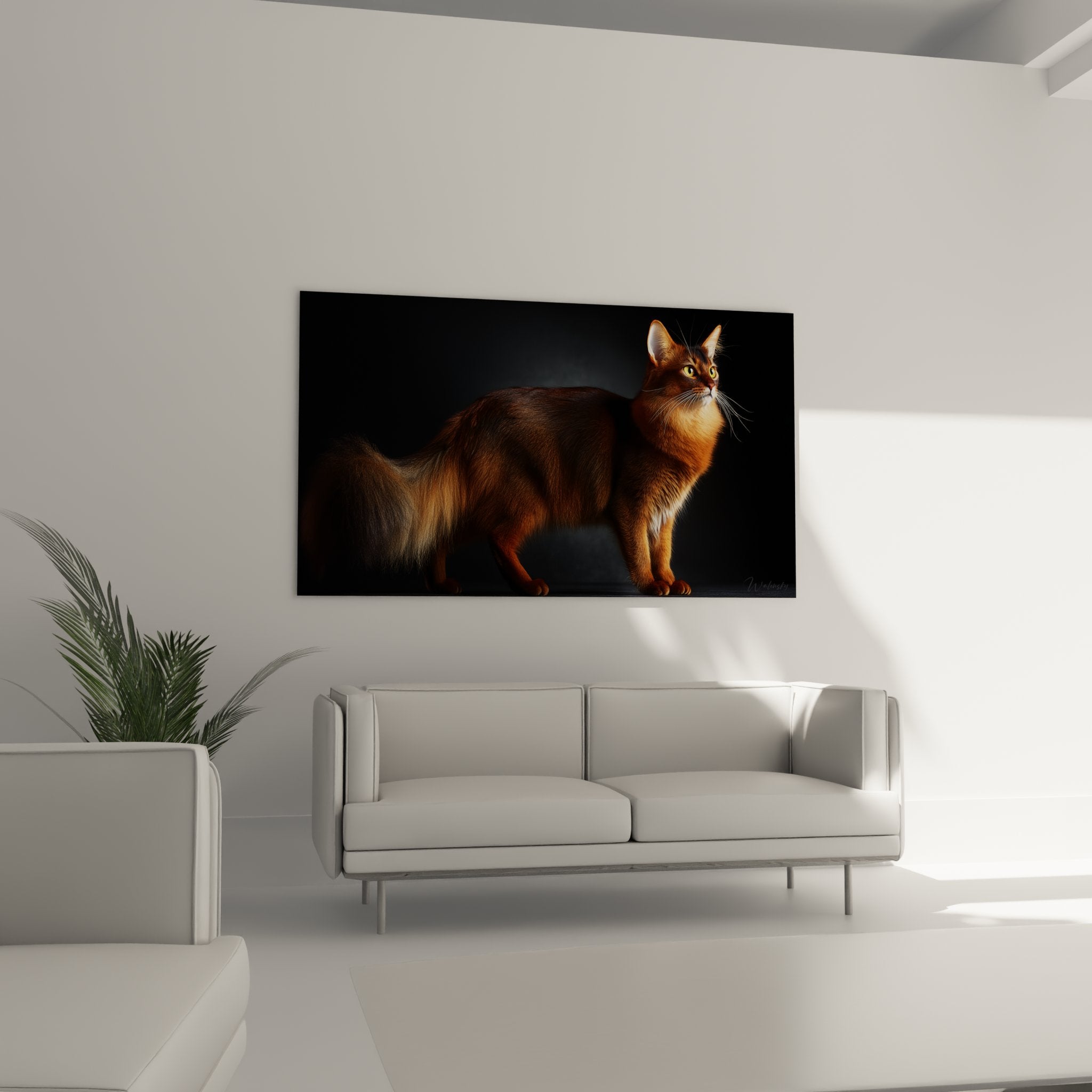 Nahaufnahme des Gemäldes mit Details des rötlichen Fells und der bernsteinfarbenen Augen der Somali-Katze