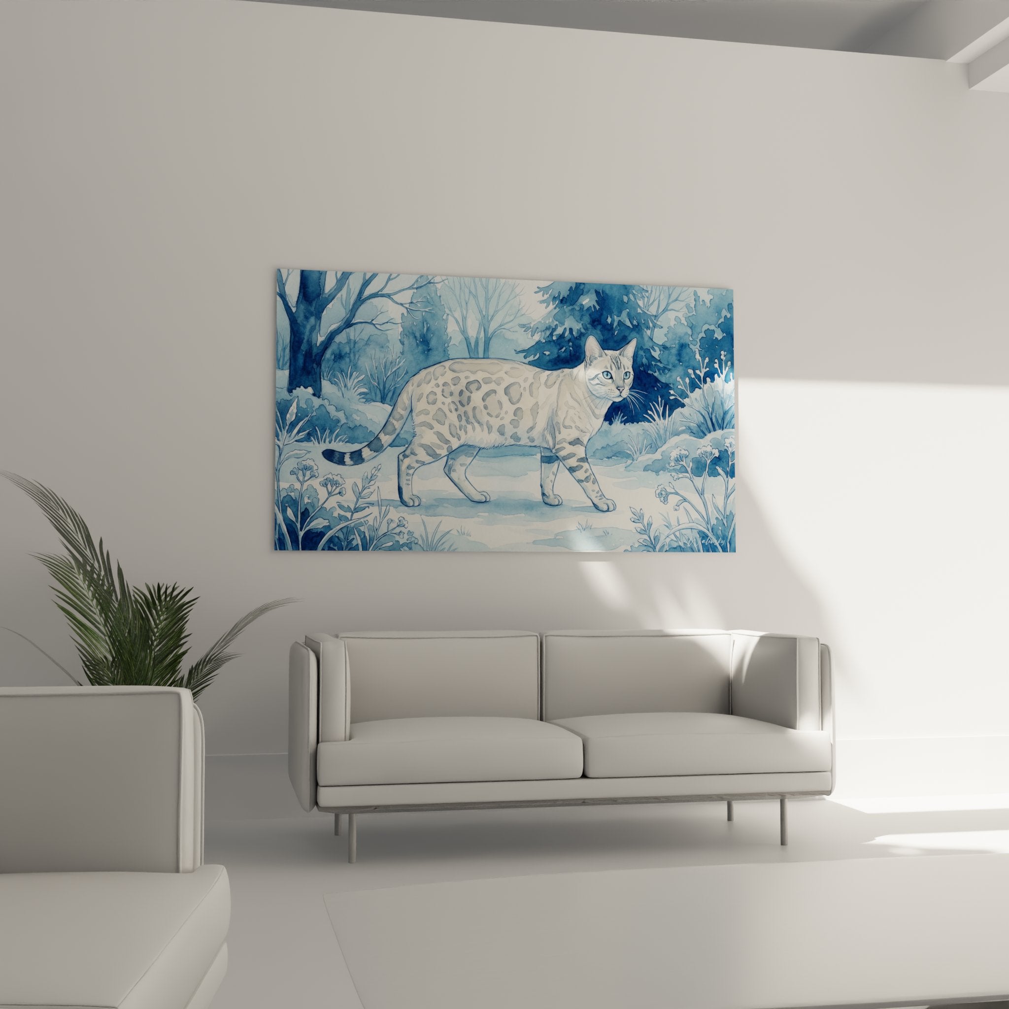 Detail aquarelle chat Bengal montrant motifs tachetes et rosettes caracteristiques en nuances de bleu