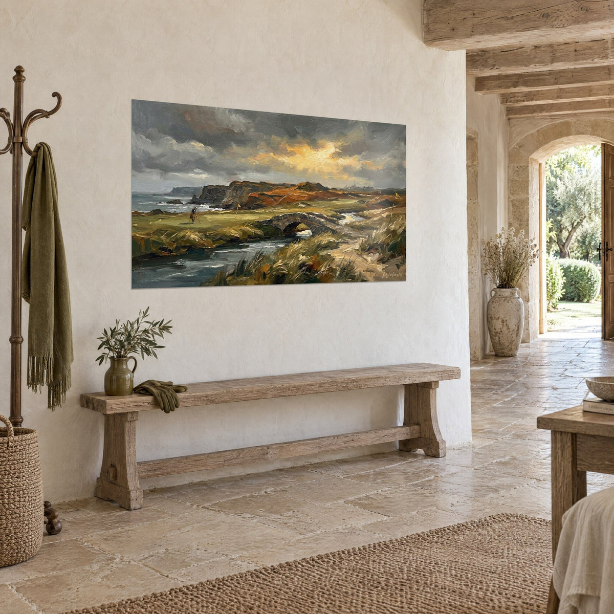 Wall art lone golfer on an olive green putting green, slate grey sky streaked with gold, arched bridge, rustic stone living room