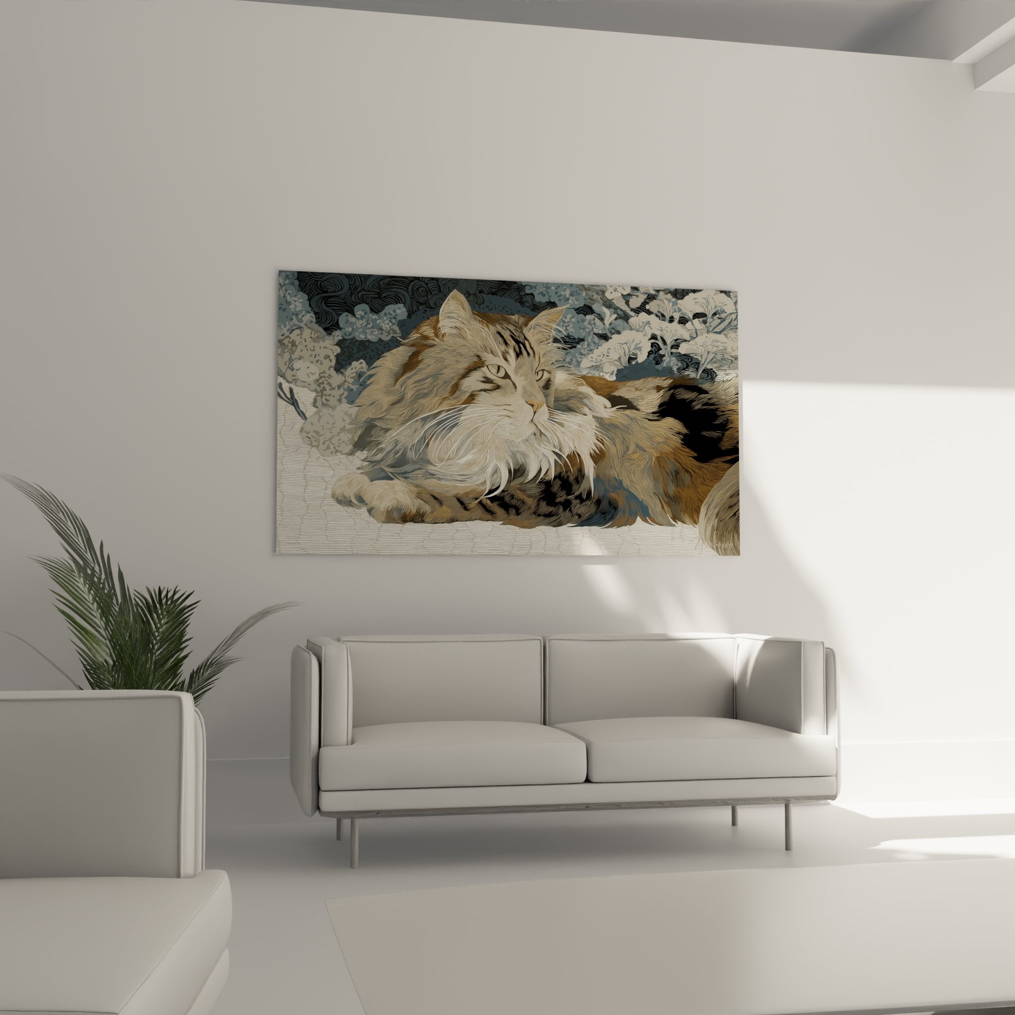 Détail du tableau montrant le pelage soyeux du chat sibérien et les motifs floraux délicats du fond