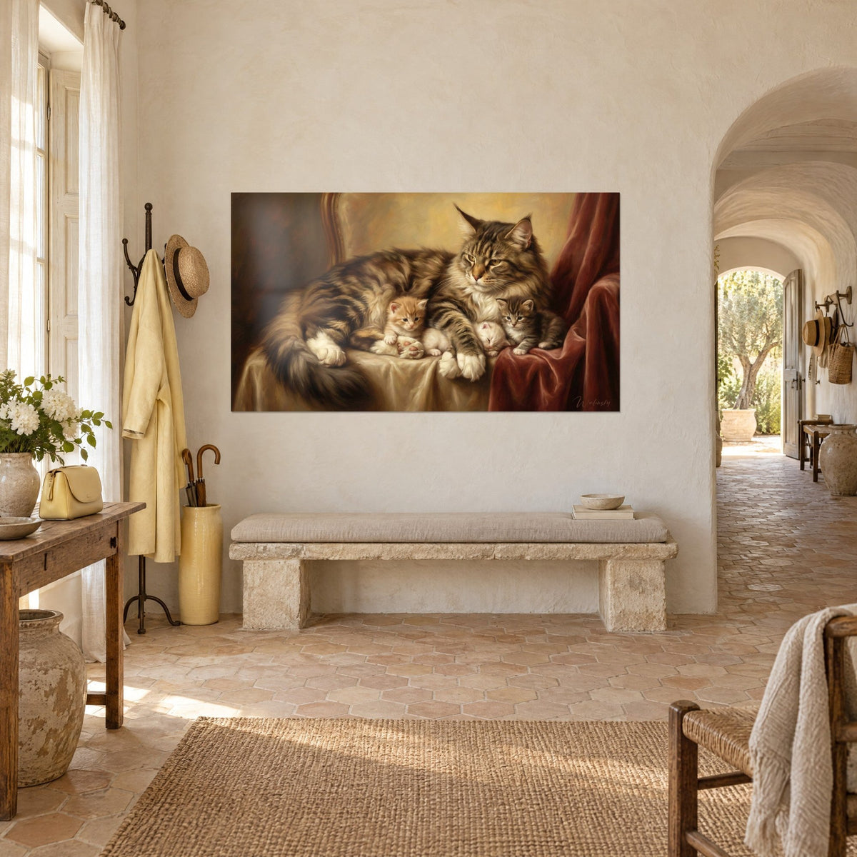 Wall art long-haired cat protecting her kittens on a cream cushion, deep red drape, ochre background, stone entrance of a farmhouse