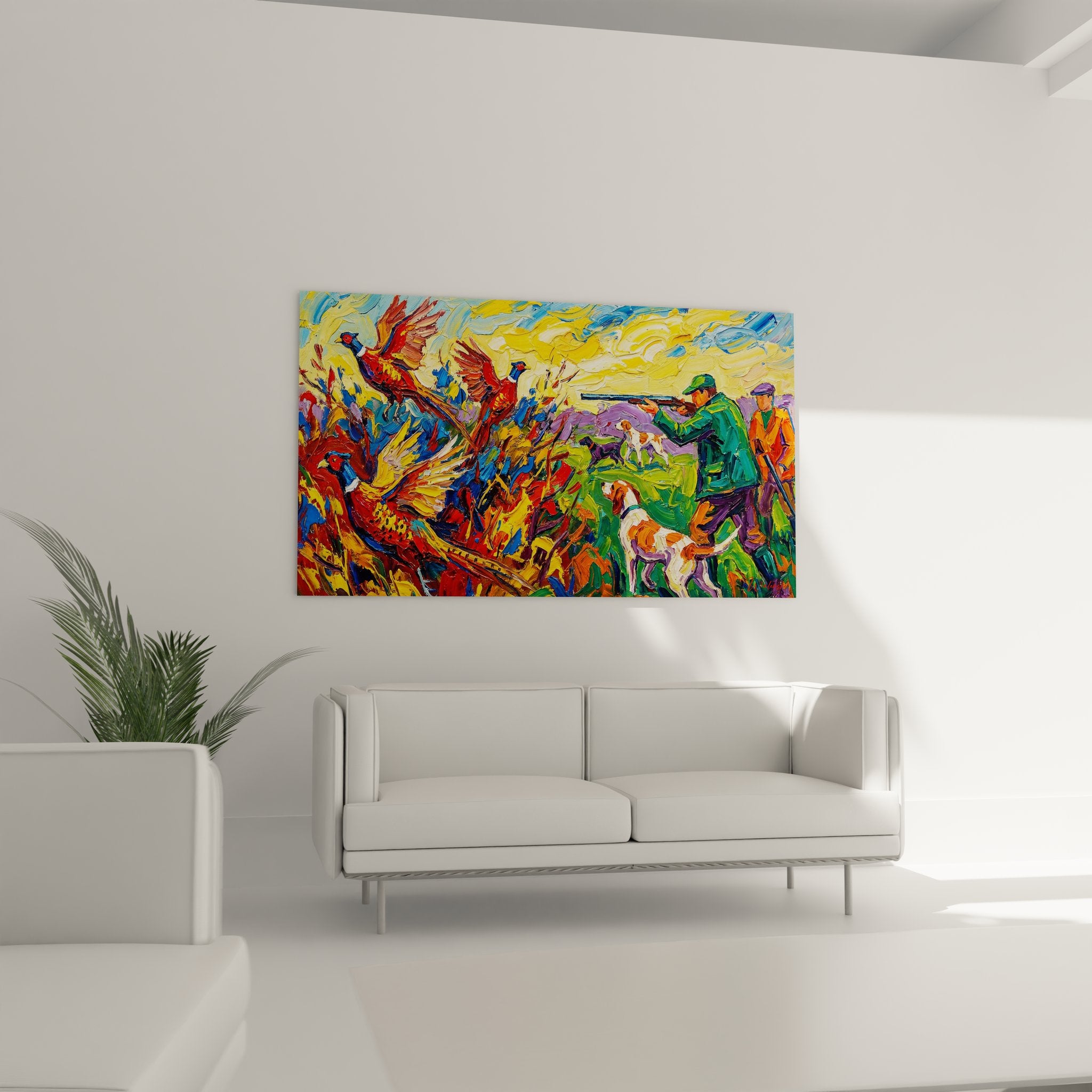 Detail peinture faisans plumage colore empattements texture brushstrokes art chasse gibier plumes