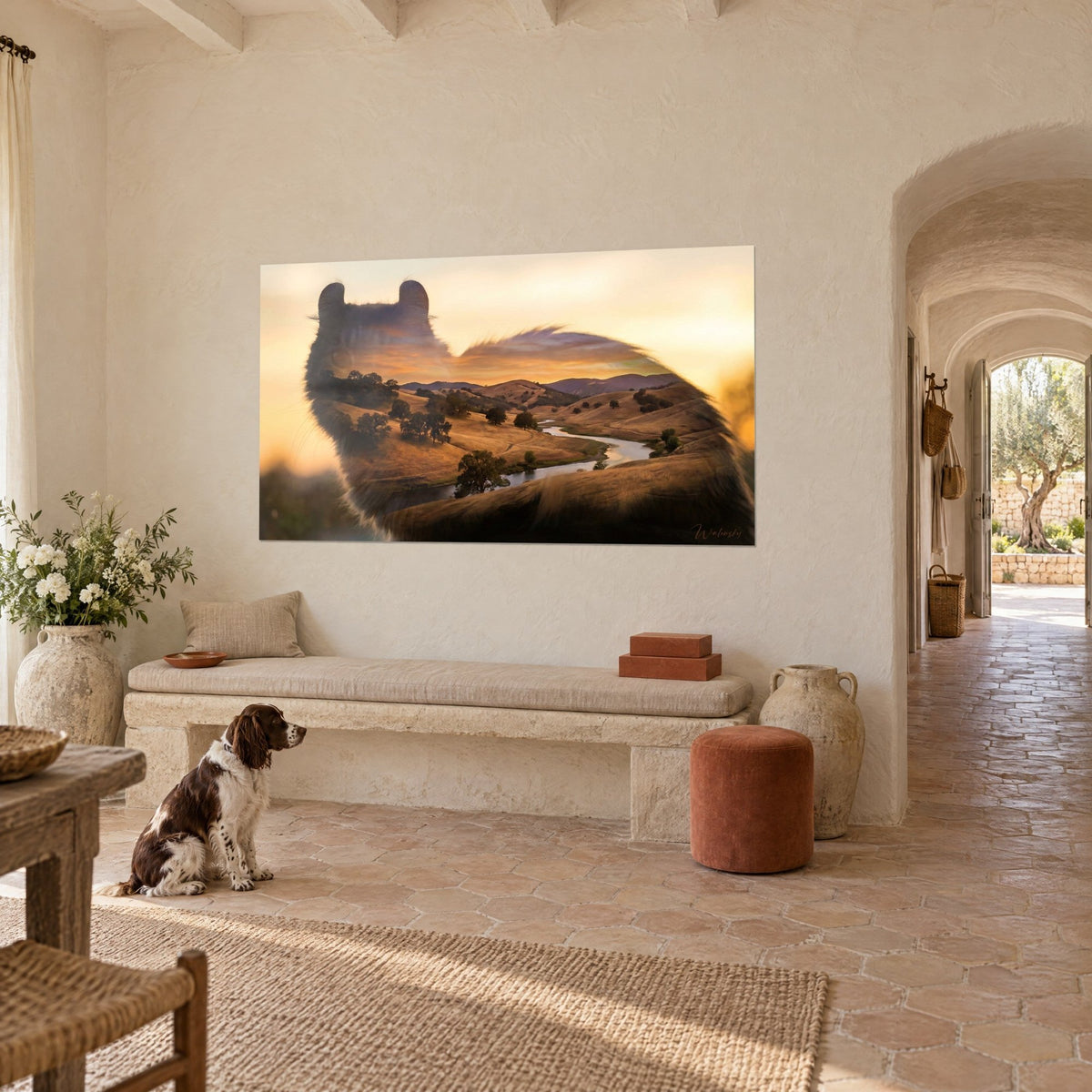 Schilderij van een kat met krullende oren die een okerkleurig landschap en een oranje lucht omvat, een spaniël zittend ervoor, in een Provençaals landhuis
