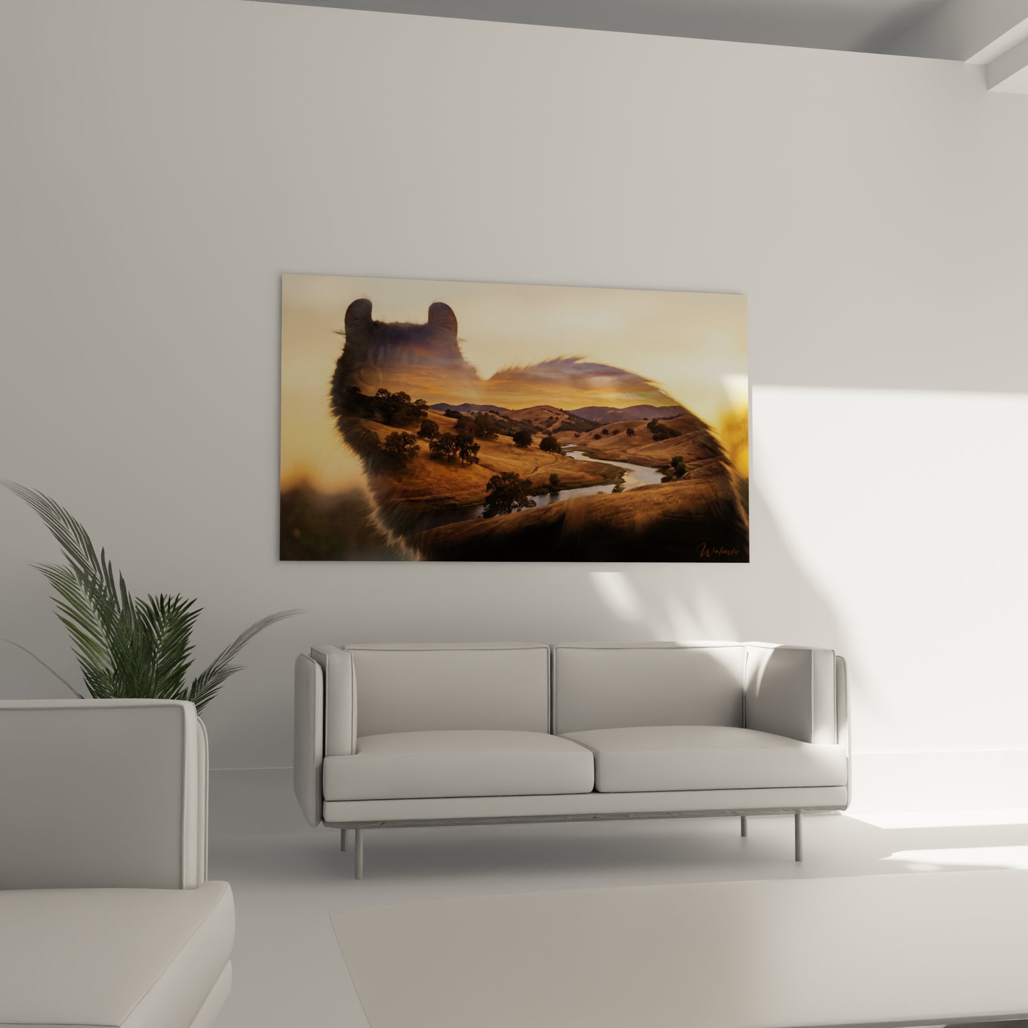 Dettaglio ravvicinato quadro American Curl che contempla la valle dorata, texture e finitura premium arte murale gatto