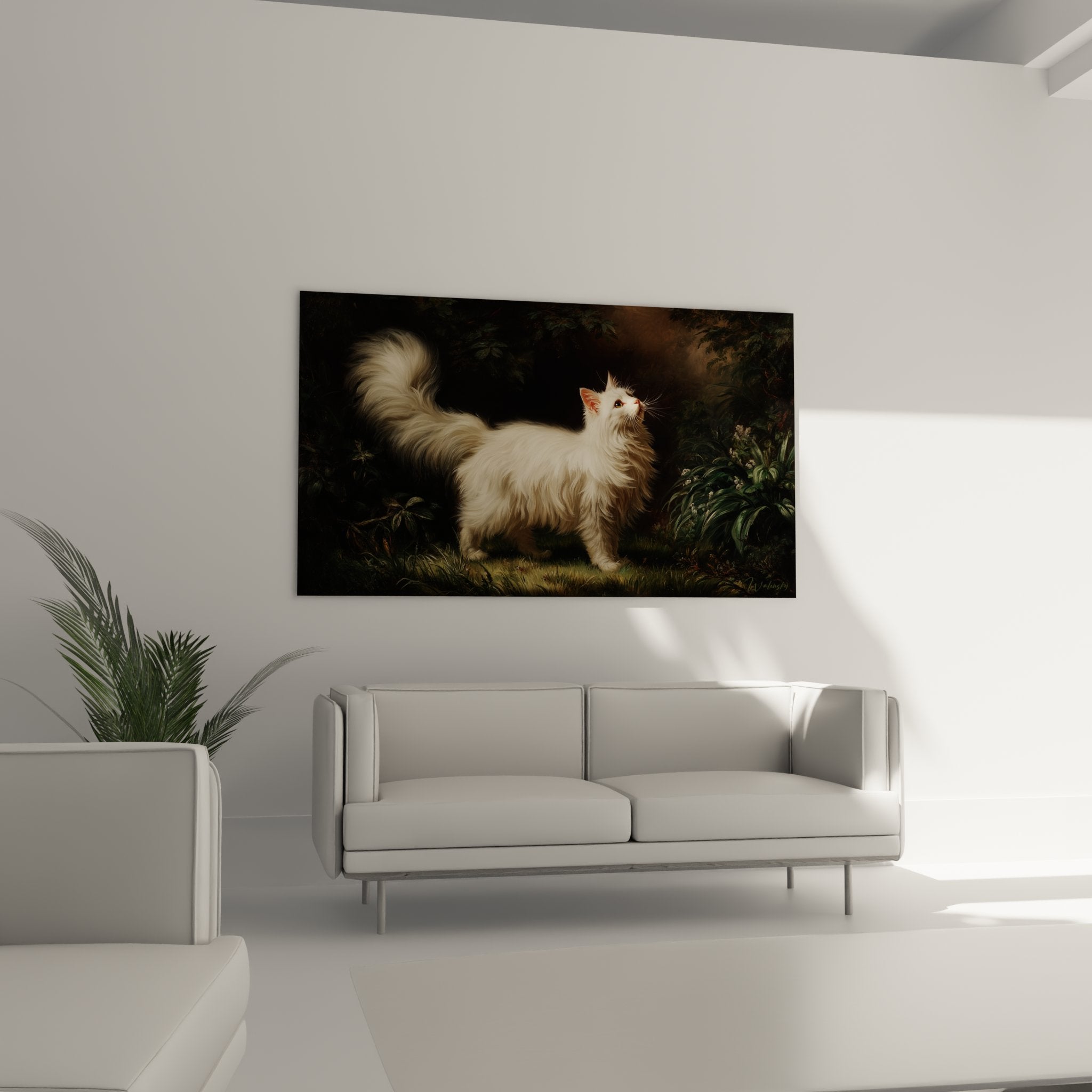 Close-up white Turkish Angora cat painting with light eyes and silky coat in green vegetation