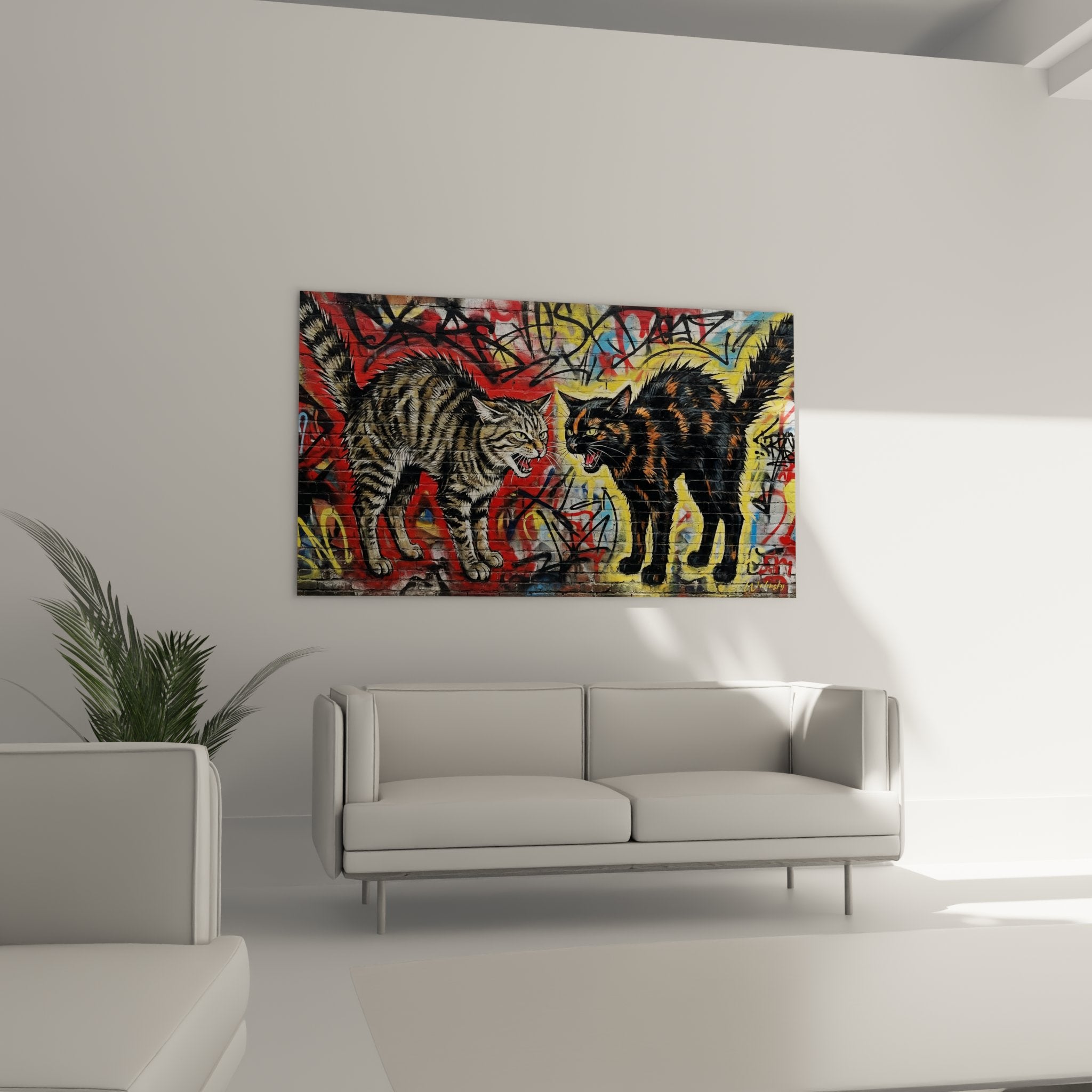 Nahaufnahme-Detail eines Gemäldes mit getigerter Katze und schwarzer Katze, Street-Art-Graffiti an einer Backsteinmauer