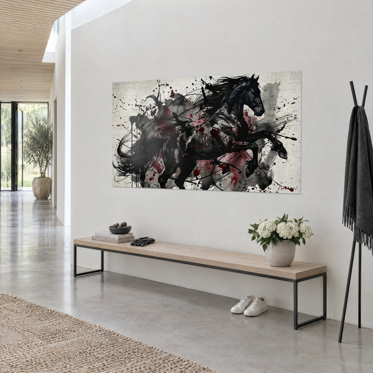 Wall art dark ink stallion with a raised mane, carmine stains on an ivory background, wooden bench and vase of white flowers