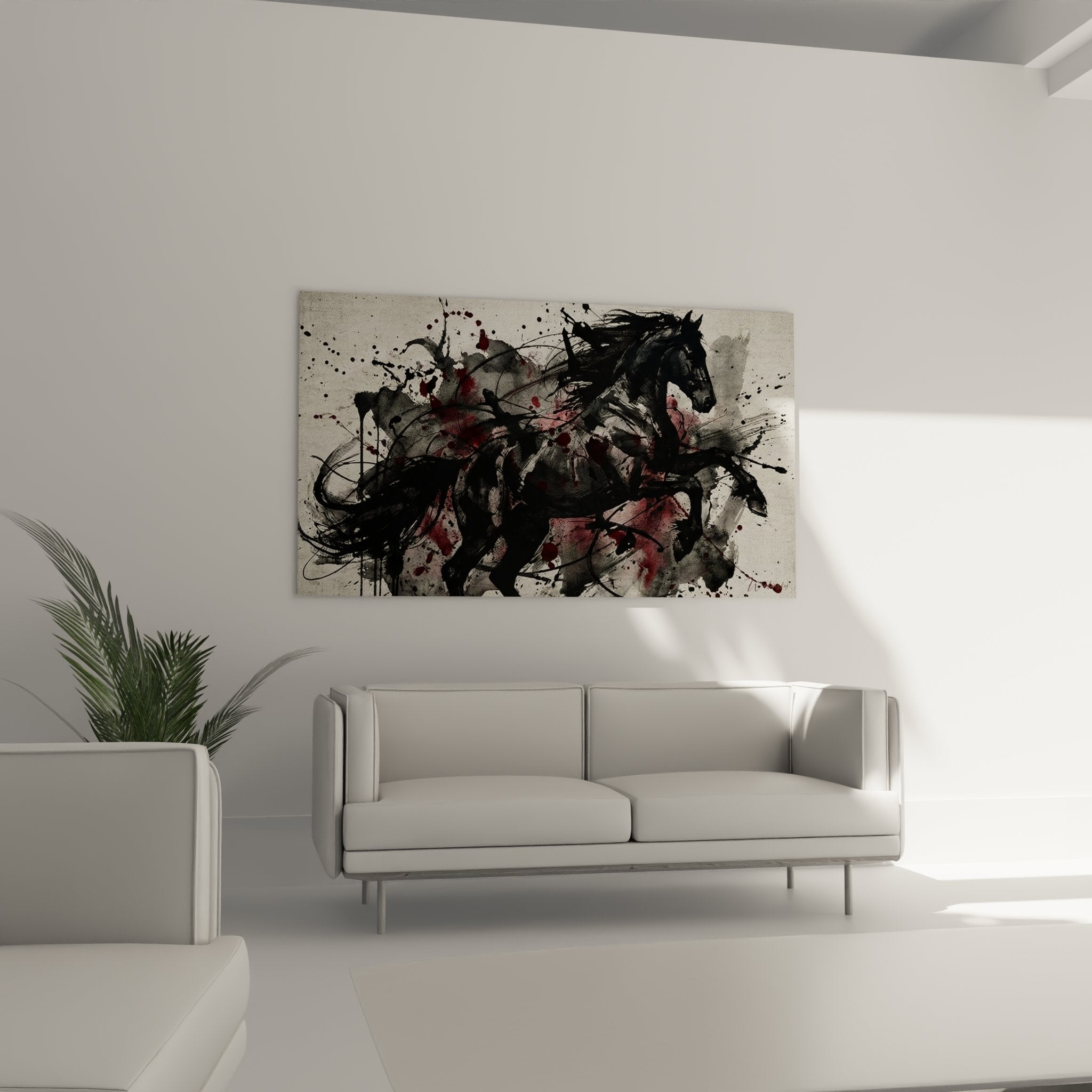 Dettaglio dei tratti di pennello espressivi e delle texture del quadro cavallo astratto galoppo selvaggio