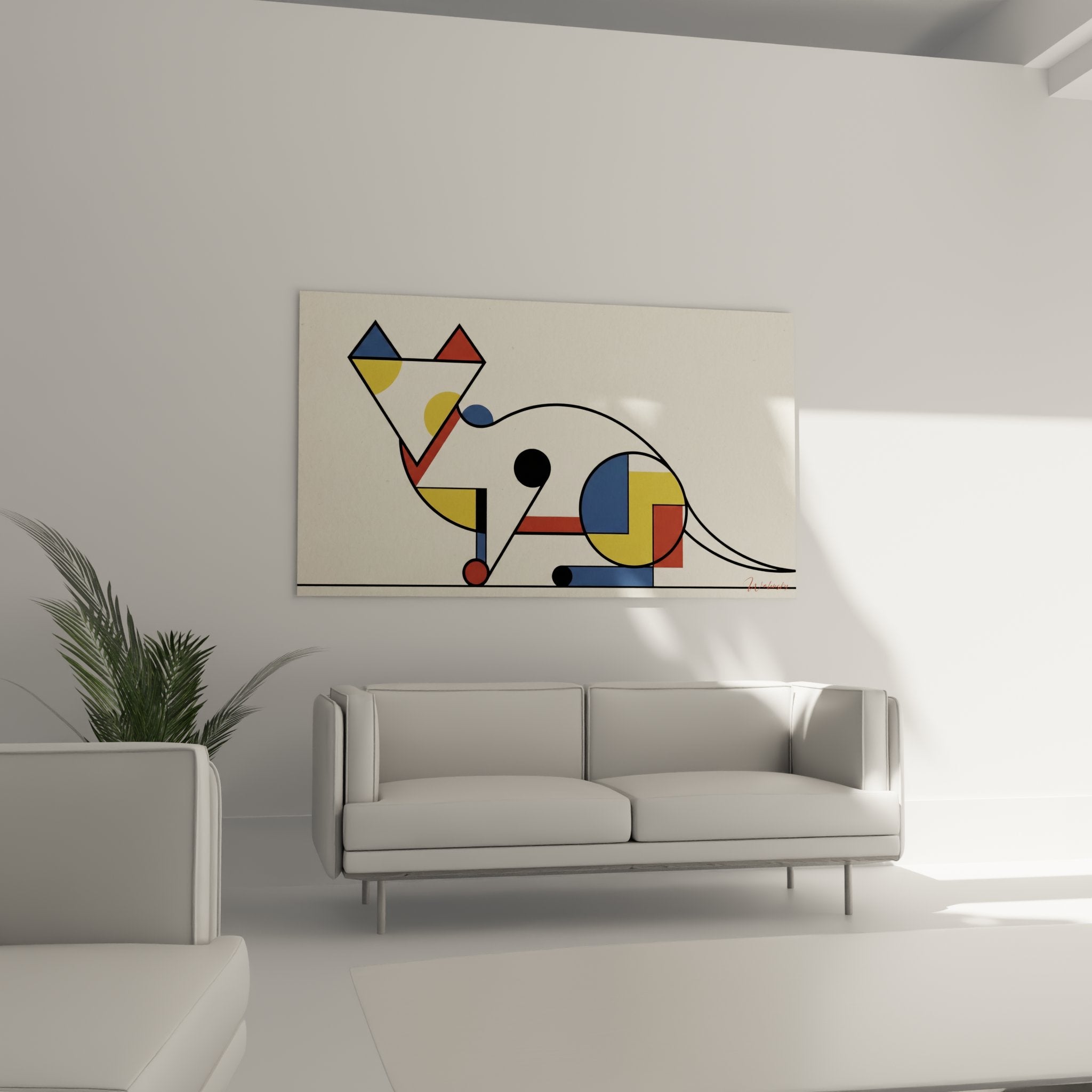 Dettaglio ravvicinato quadro gatto stilizzato forme geometriche triangoli colorati blu giallo rosso composizione