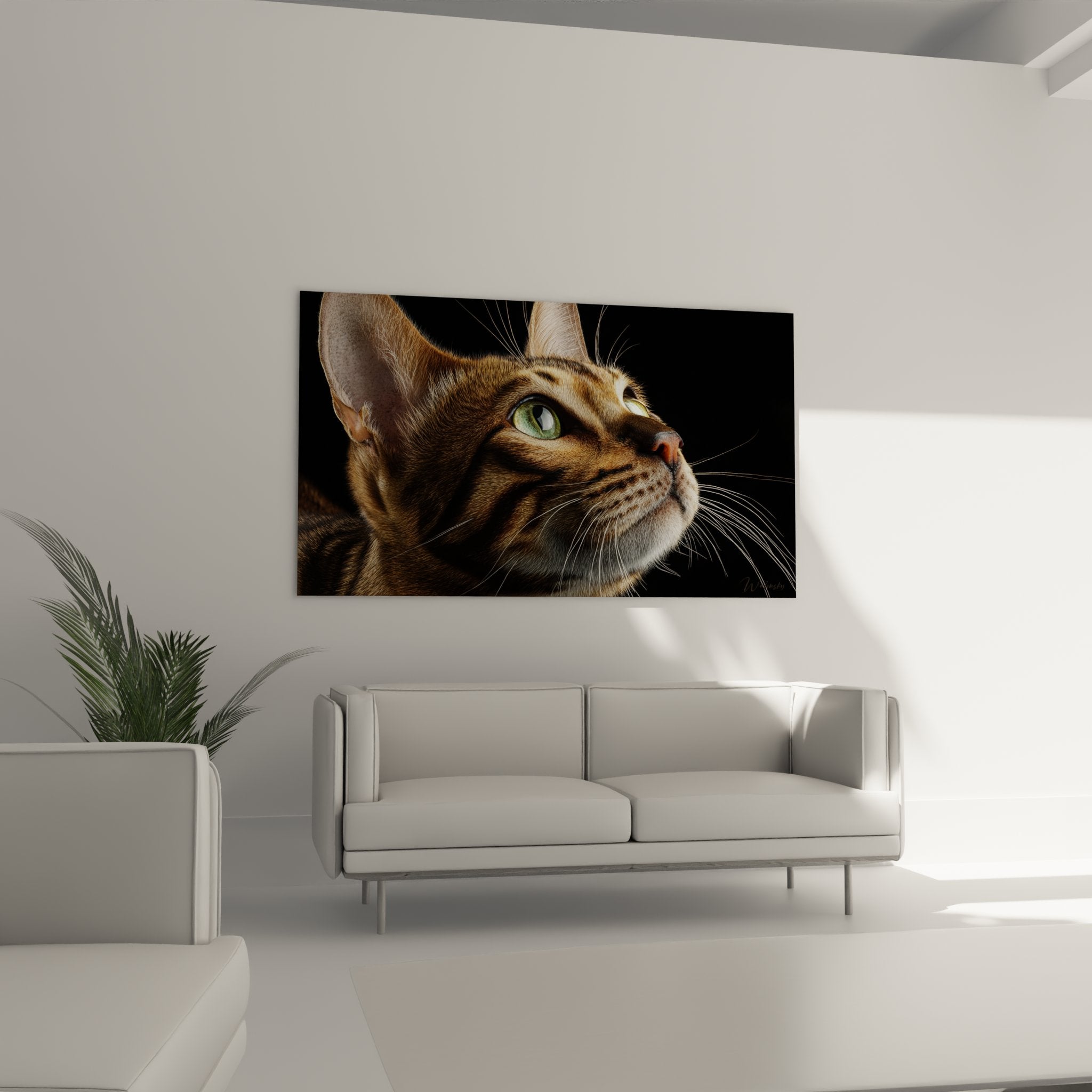 Gros plan détails tableau chat Bengal yeux verts perçants moustaches pelage tigré texture réaliste qualité premium