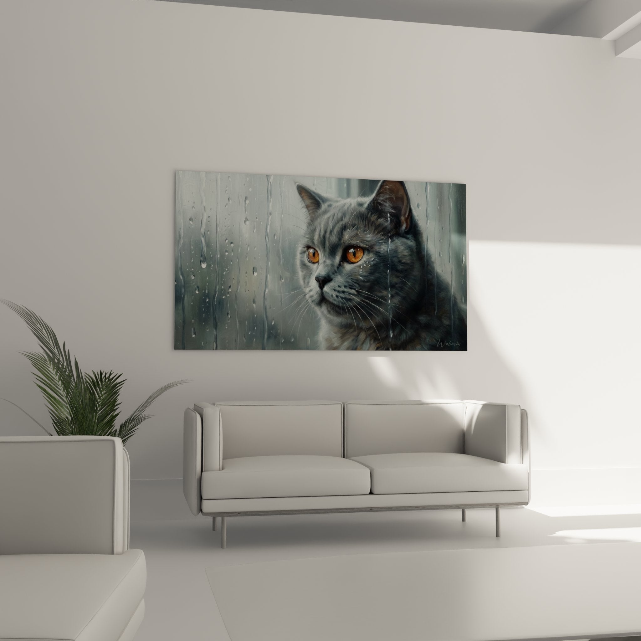 Primo piano degli occhi ambrati espressivi del gatto British shorthair in questo dipinto artistico iper-realistico