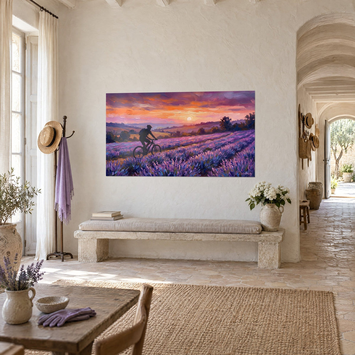 Wall art mountain bike among rows of mauve lavender, pink and orange sky, seen at three-quarter view in a vaulted stone corridor