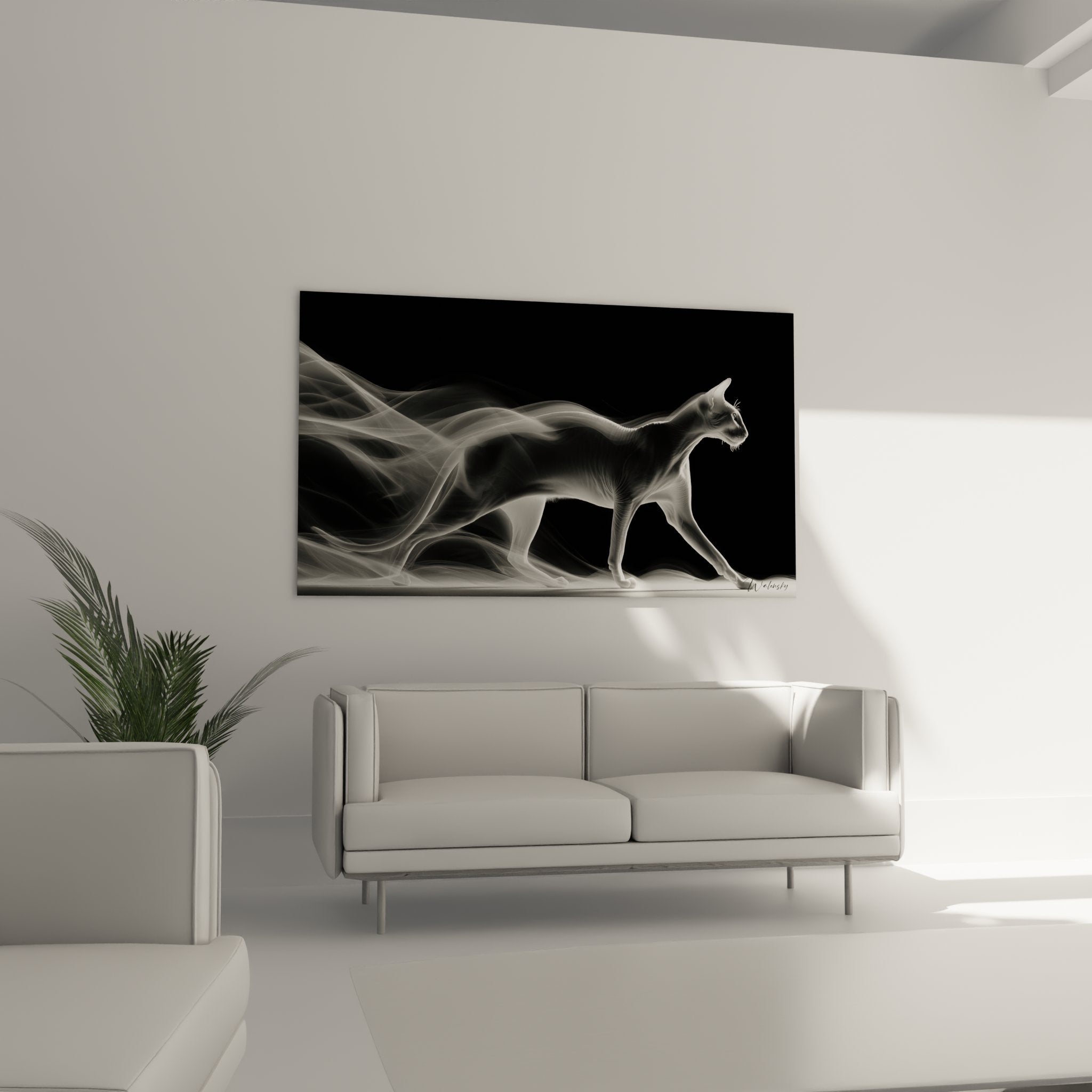 Primo piano quadro gatto Peterbald silhouette luminosa bianca contorni fluidi arte murale contemporanea