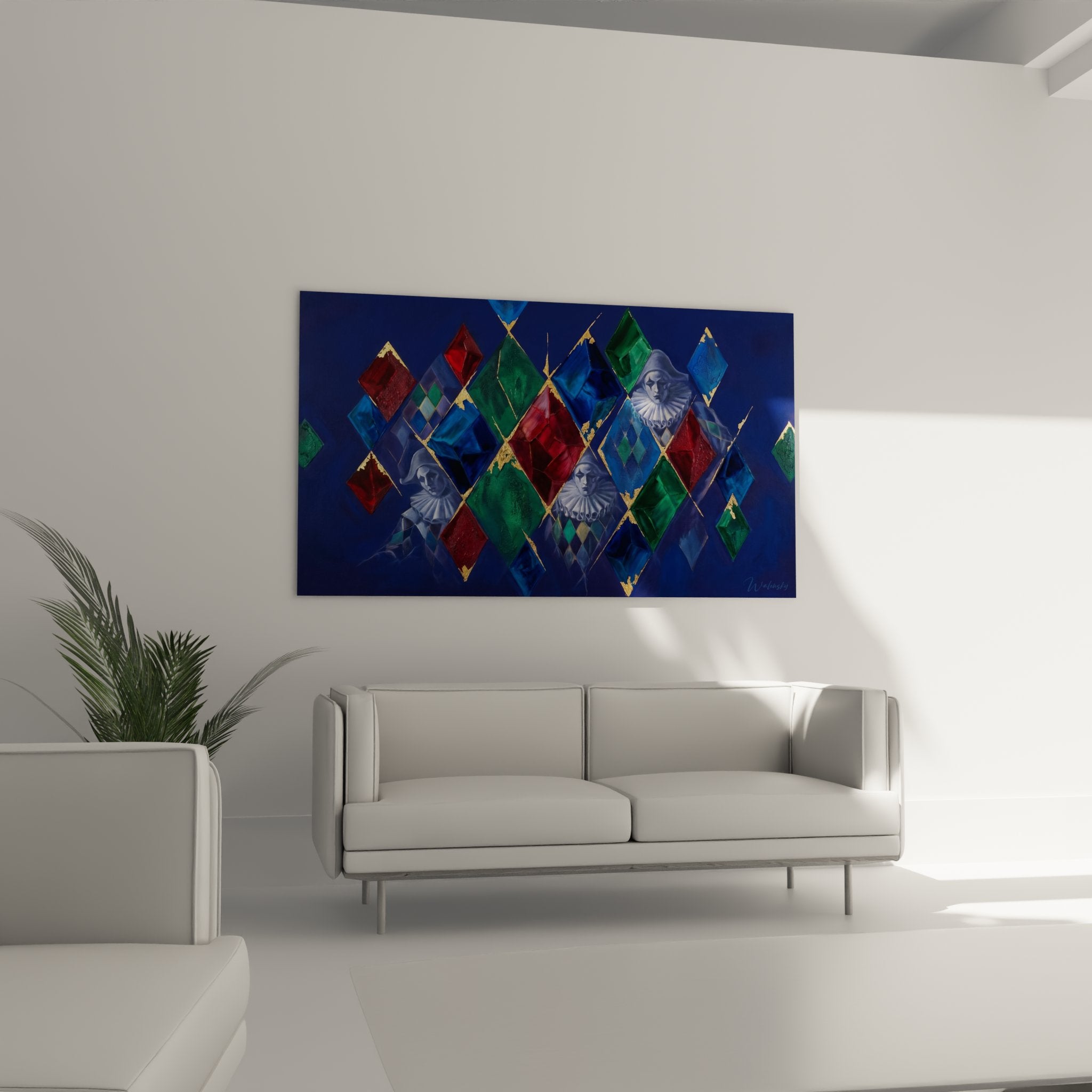 Detail tableau arlequin losanges rouge emeraude saphir avec contours dores et visages masques transparents