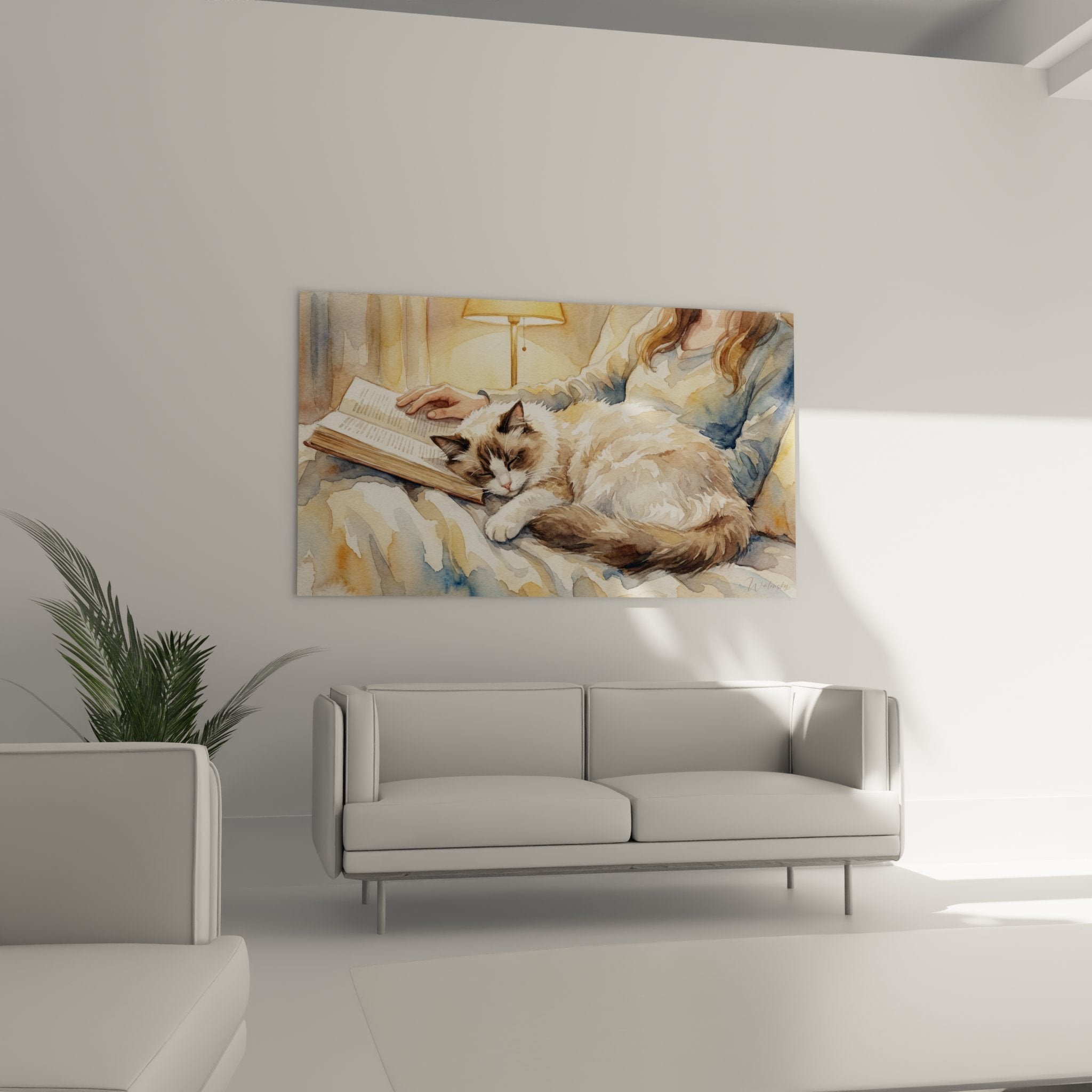 Dettaglio acquerello gatto Ragdoll seal point, tecnica pittura realistica, espressione serena e mantello setoso