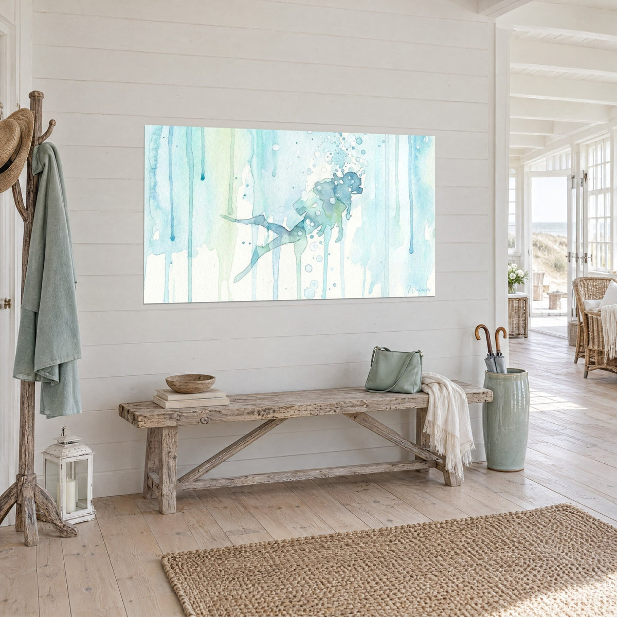 Wall art translucent diver in watercolor, glacier blue and sea green, fins outstretched, drips on white paper, three-quarter view, beach house entryway