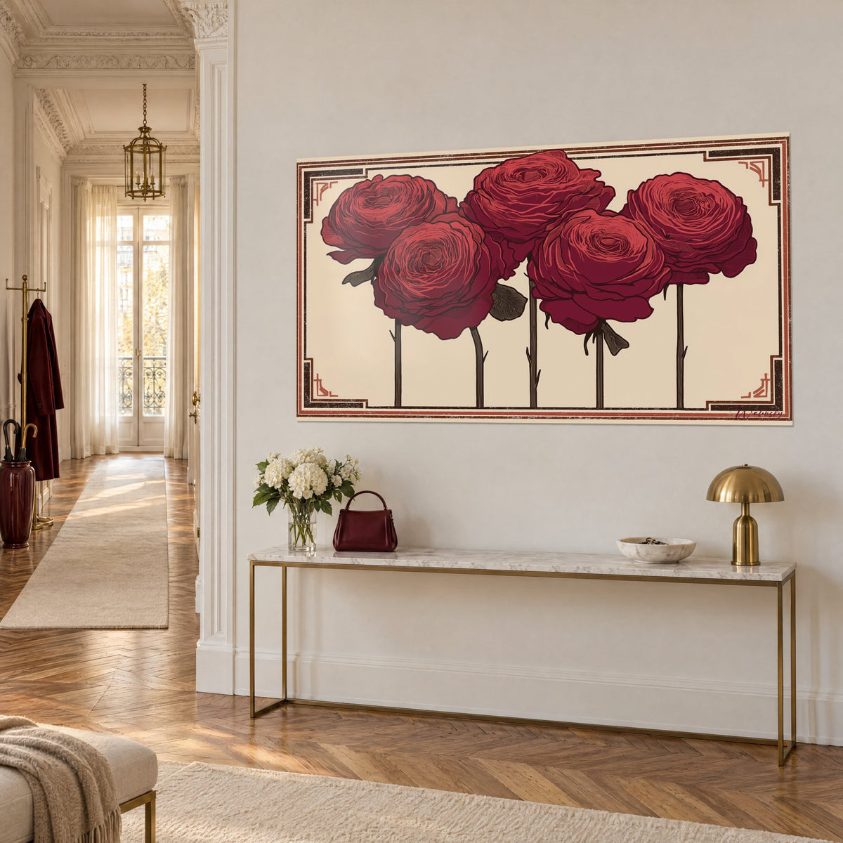 Tableau bouquet de ranunculus bordeaux sur tiges brunes, fond beige et cadre art déco brique, vue de trois-quarts sur console dorée