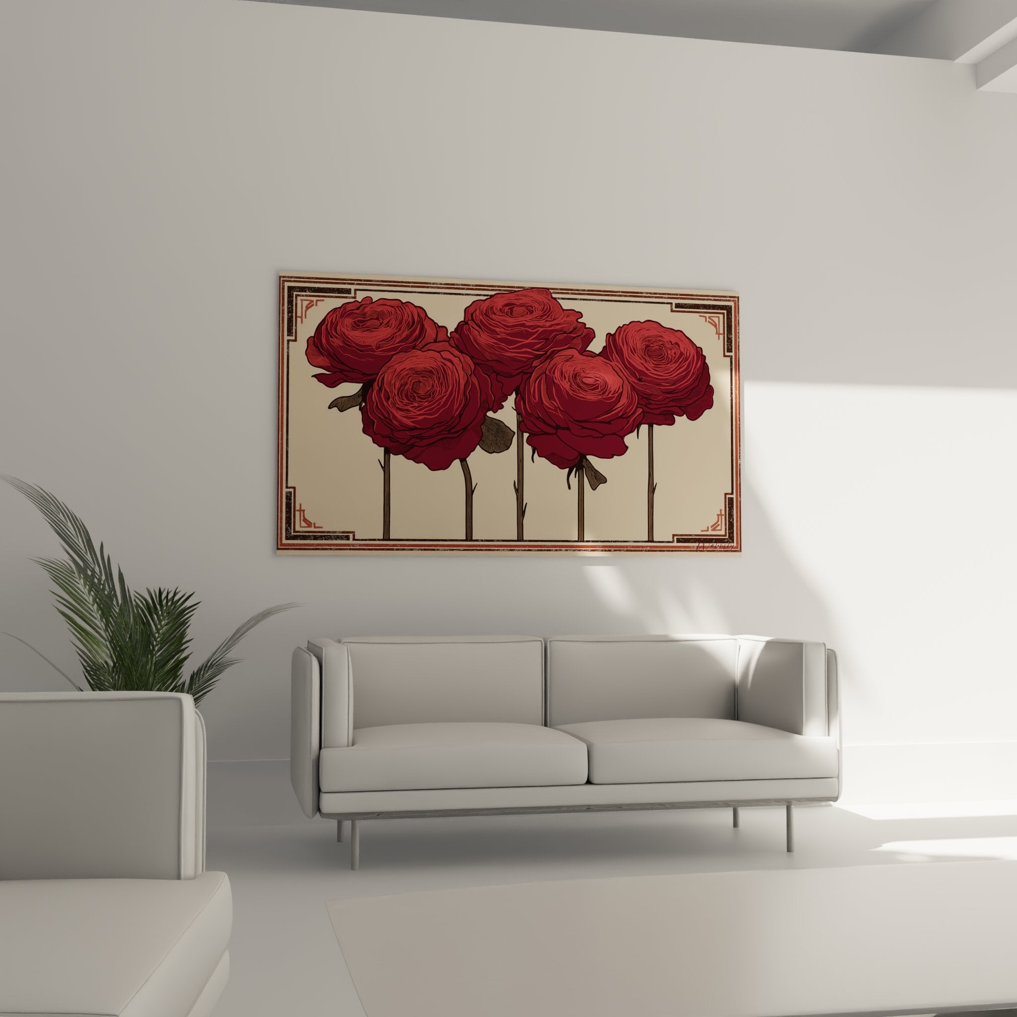 Dettaglio delle rose rosse del quadro art déco che mostra i petali delicatamente sfumati e la texture vellutata