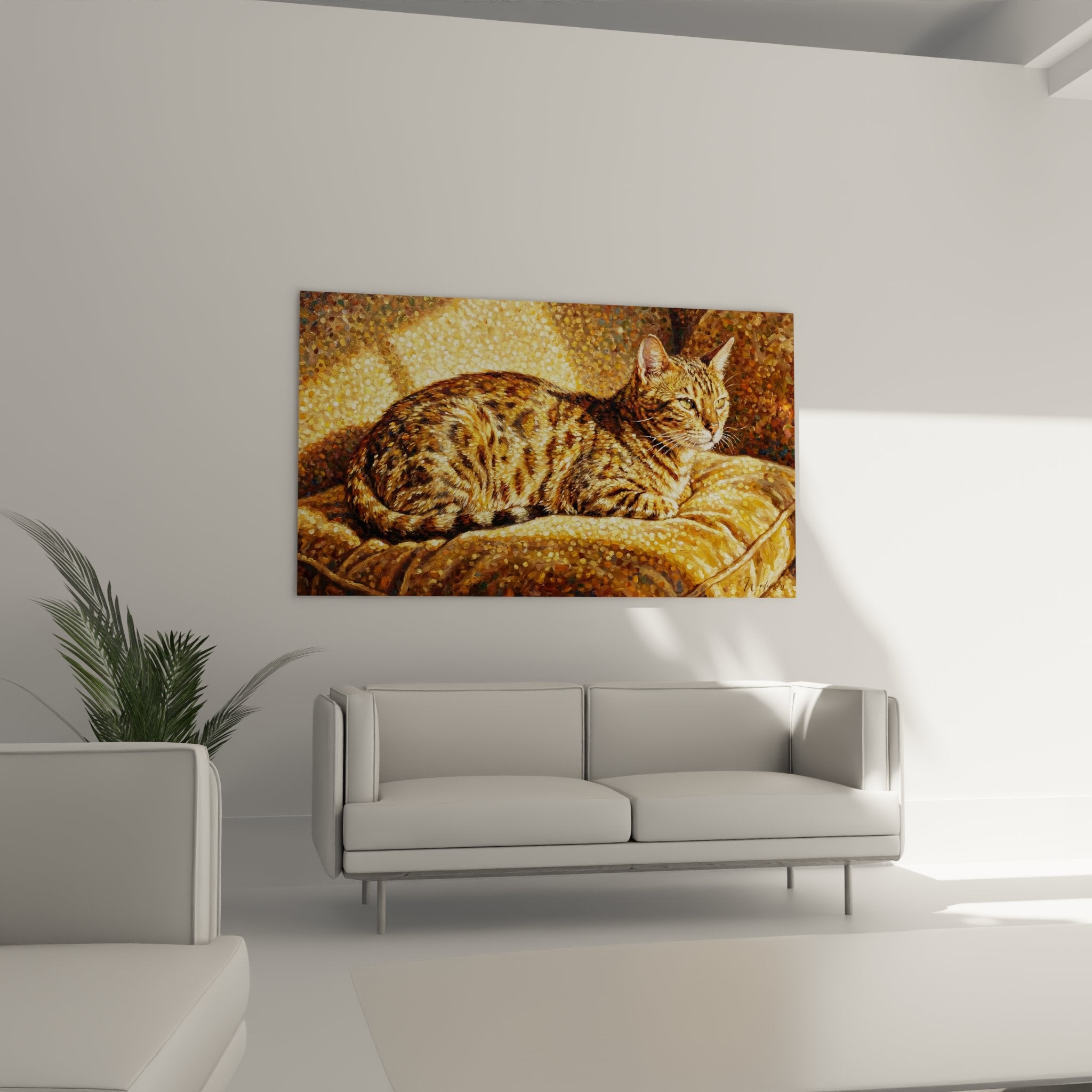 Detail of the Bengal painting showcasing pointillist technique and golden highlights on the spotted coat