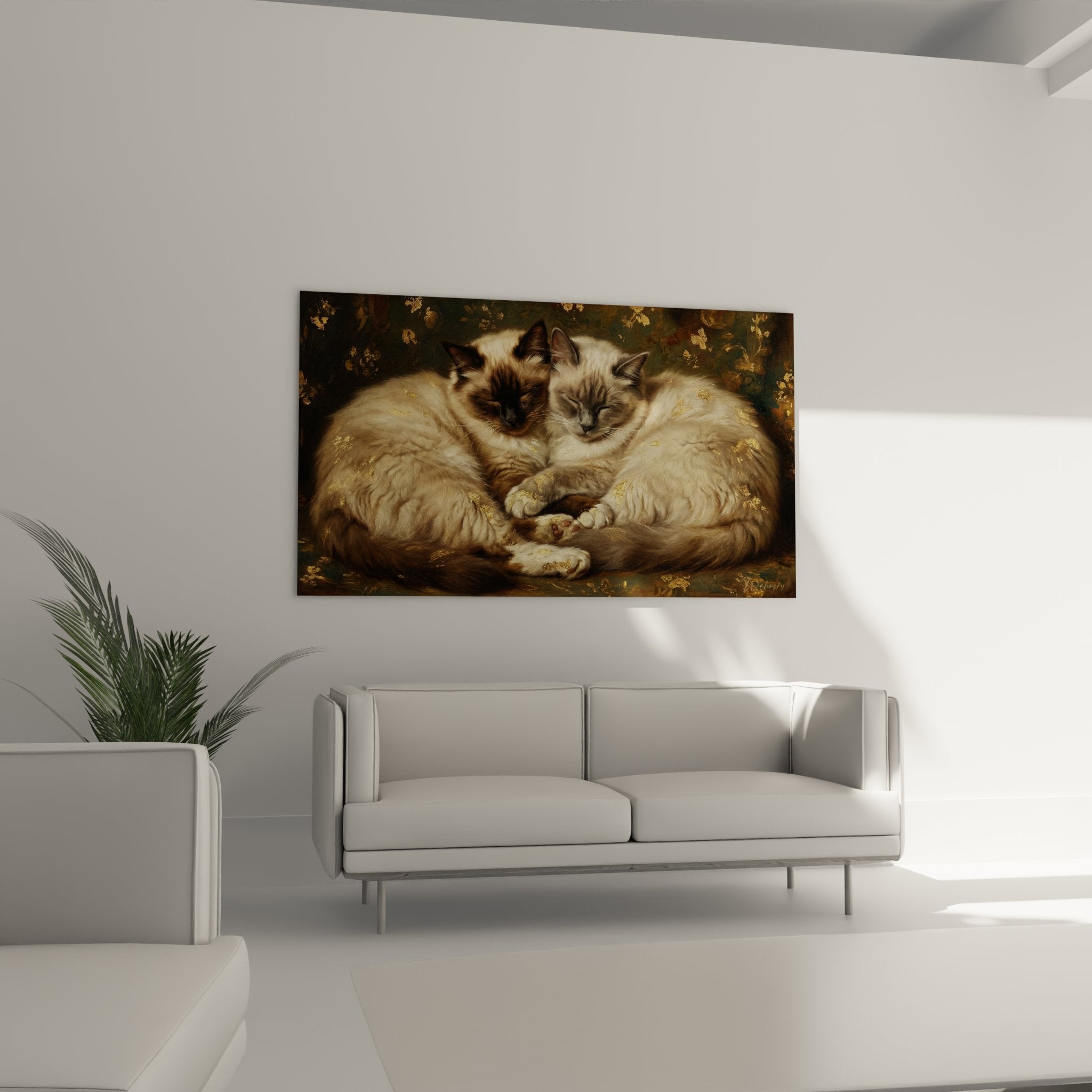 Primo piano su dipinto di gatti birmani che mostra i dettagli del mantello seal point e la texture pittorica