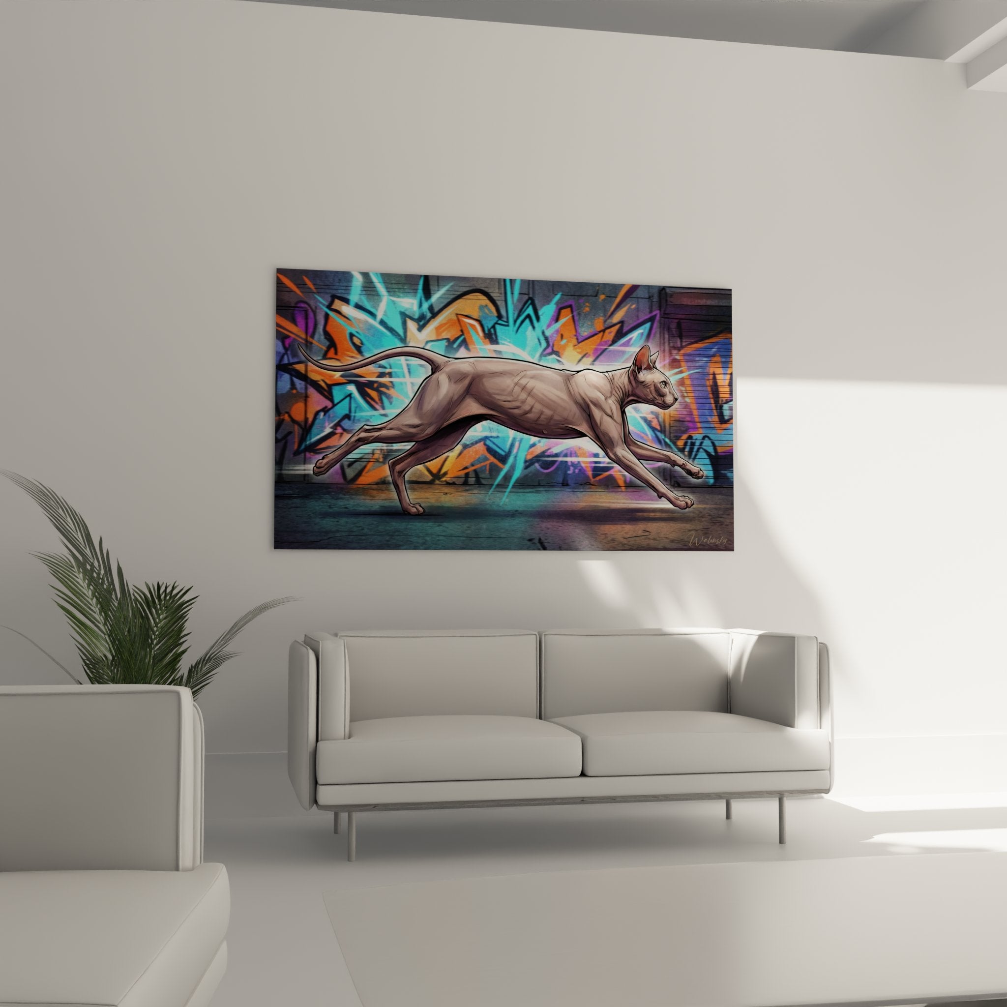 Primo piano su quadro gatto Peterbald urban art che mostra la texture e i colori vivaci del graffiti