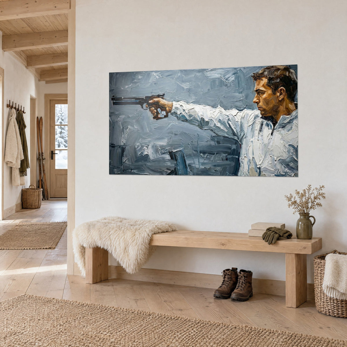 Wall art pistol shooter aiming at arm's length, white sleeve, steel grey and black background, wooden bench in the chalet hallway