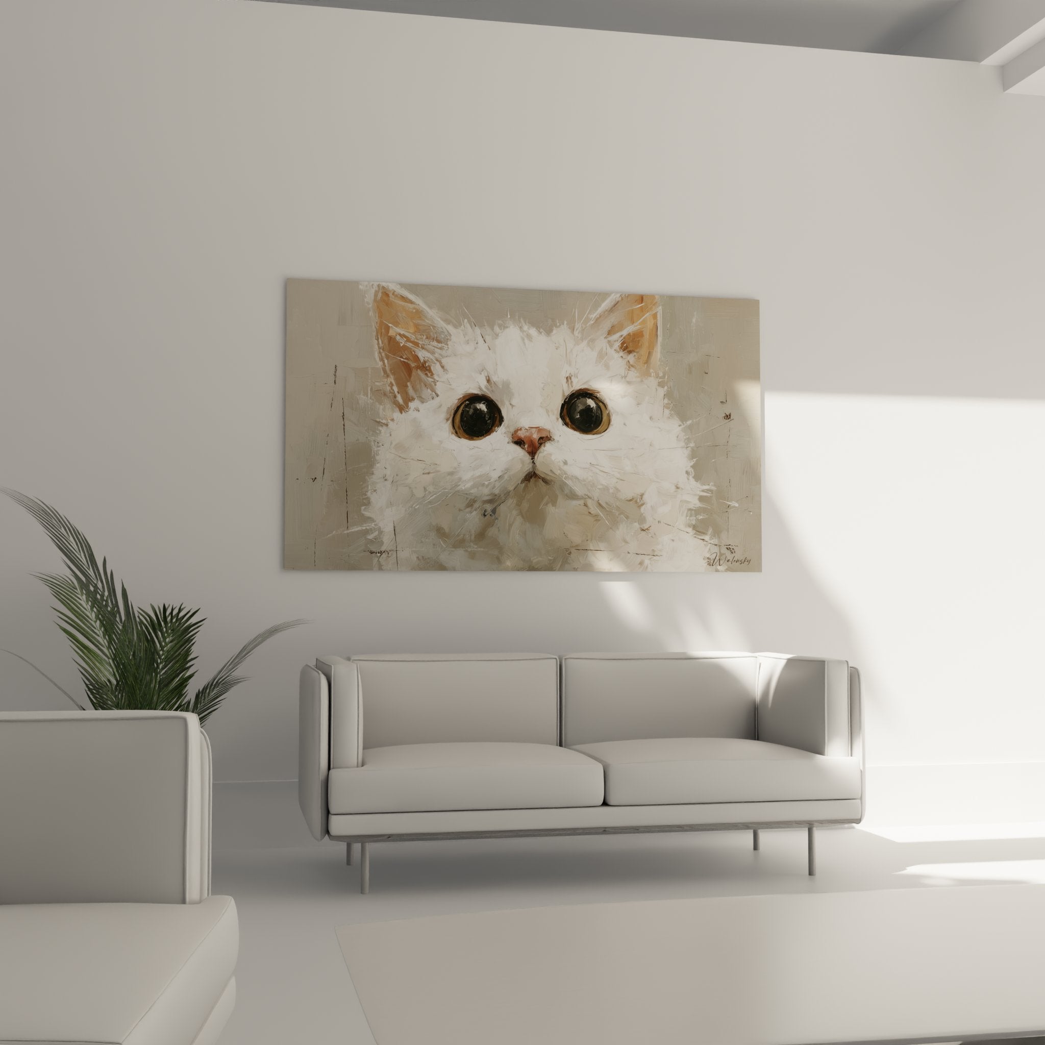 Gros plan sur tableau chat blanc American Bobtail, détail des yeux verts perçants et du pelage immaculé peint