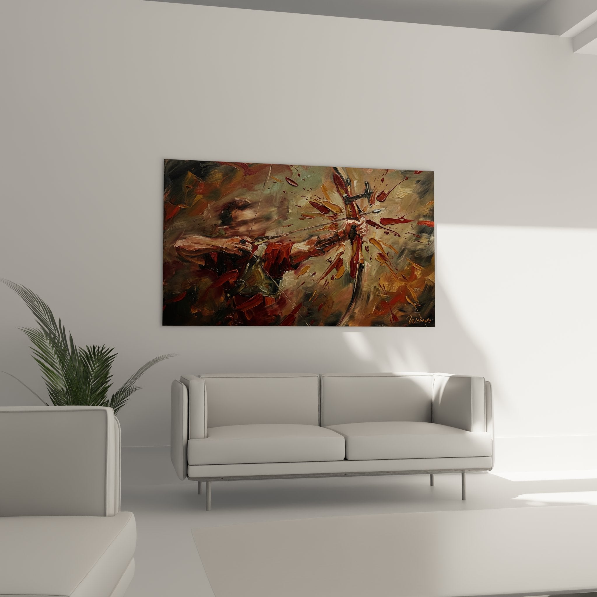 Détail gros plan tableau archer montrant technique peinture expressionniste et textures colorées vibrantes