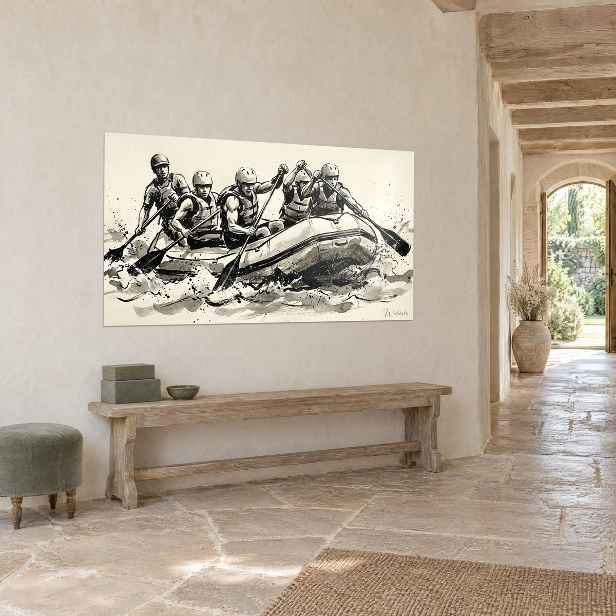 Wall art inflatable raft charging through rapids, light beige helmets and black ink, three-quarter view above a wooden bench
