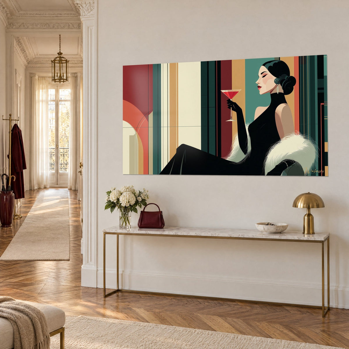 Gemälde im Art-déco-Porträtstil einer brünetten Frau mit lockerem Chignon und schwarzem Handschuh, die einen karminroten Martini hält, Bänder in Ocker und Türkis, über einer vergoldeten Konsole