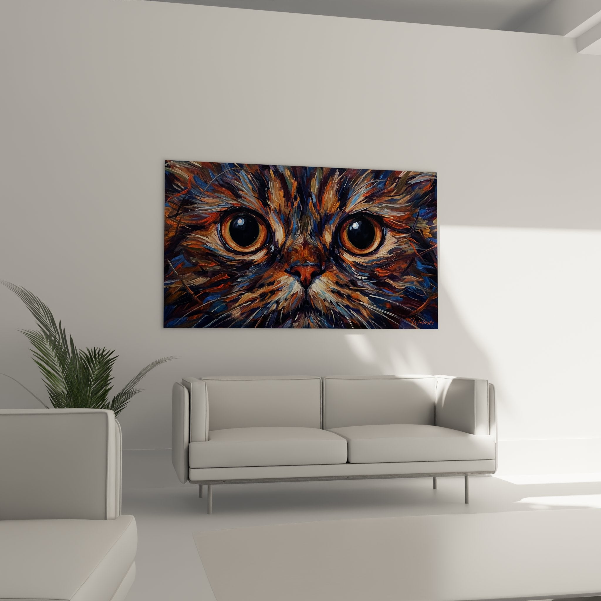Gros plan sur les détails du tableau chat Persan, texture peinture et intensité du regard ambré