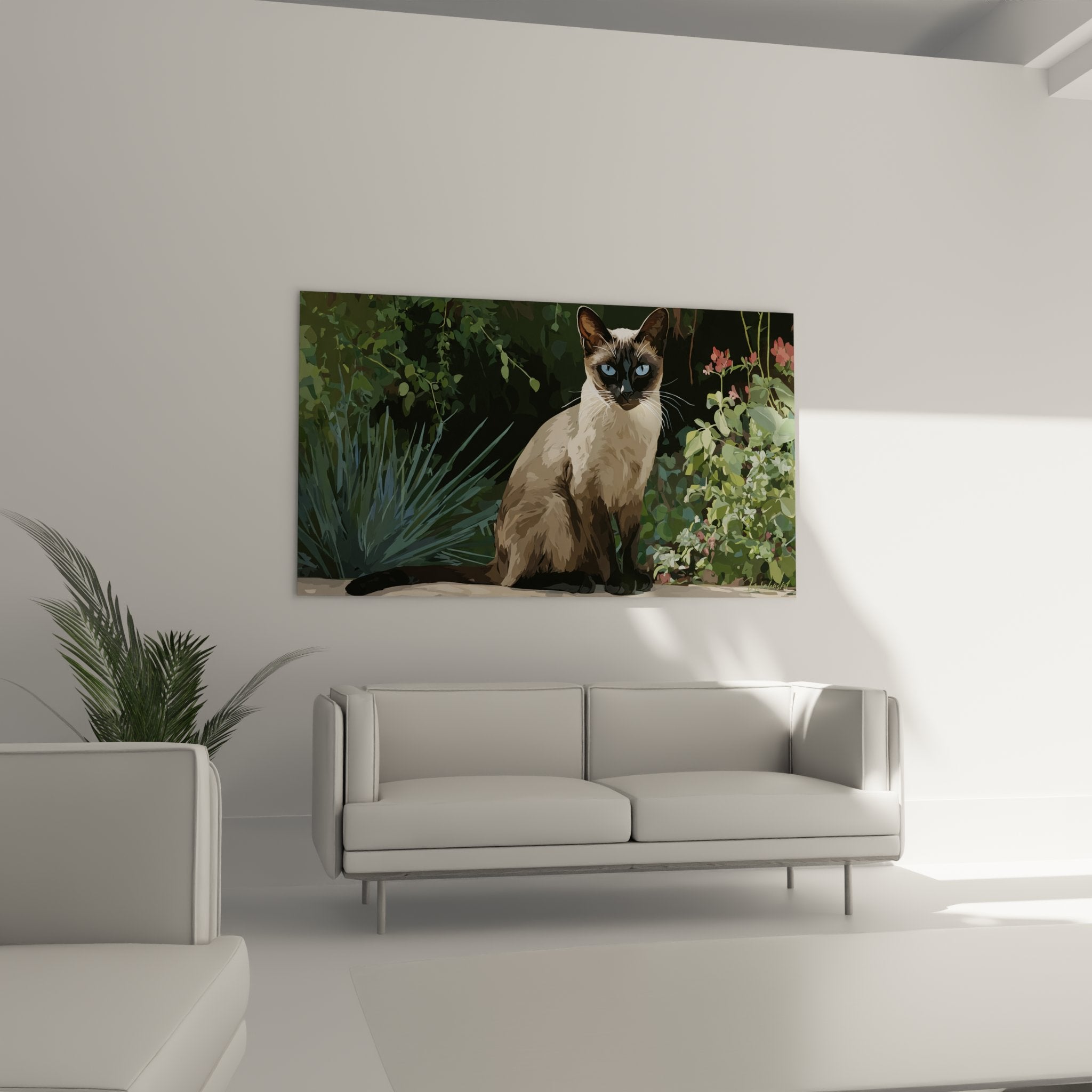Gros plan sur chat Tonkinese peinture, détails du pelage seal point et yeux bleus perçants, art mural félin