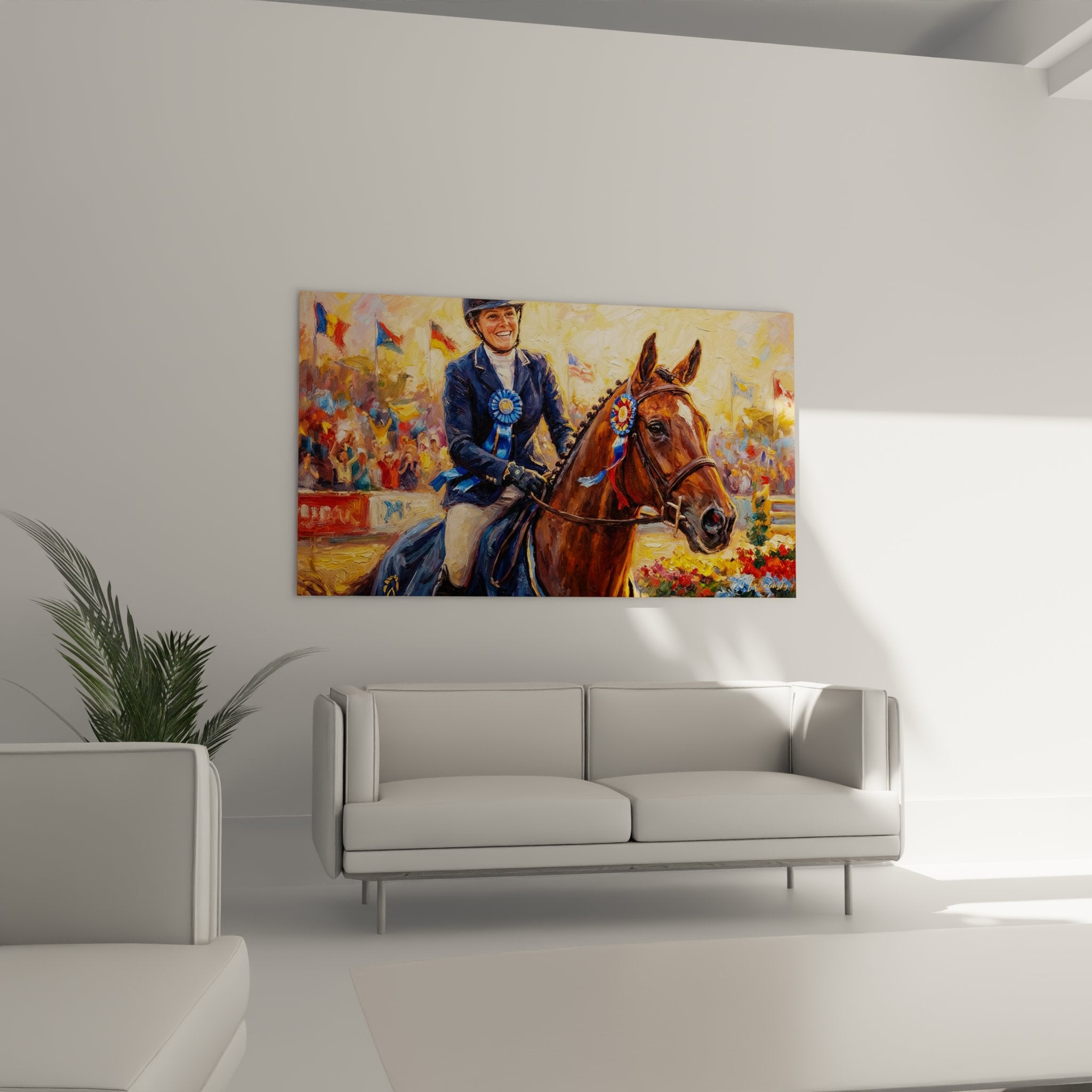 Dettaglio del dipinto che mostra il volto raggiante della cavallerizza e la testa del suo cavallo da competizione