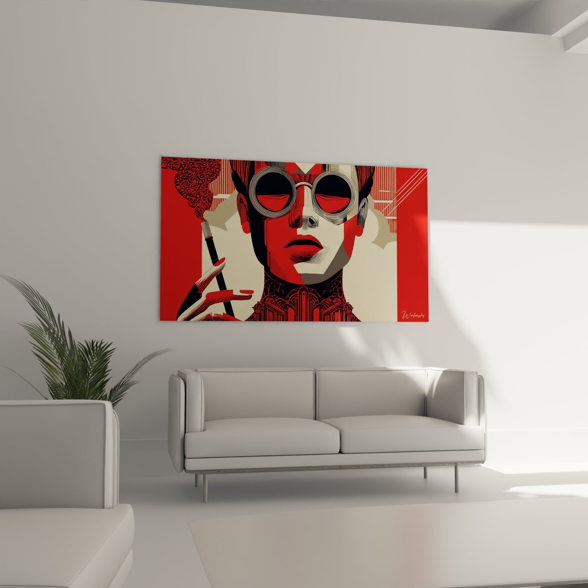 Détail portrait art déco femme lunettes rondes motifs géométriques rouge texture graphique moderne