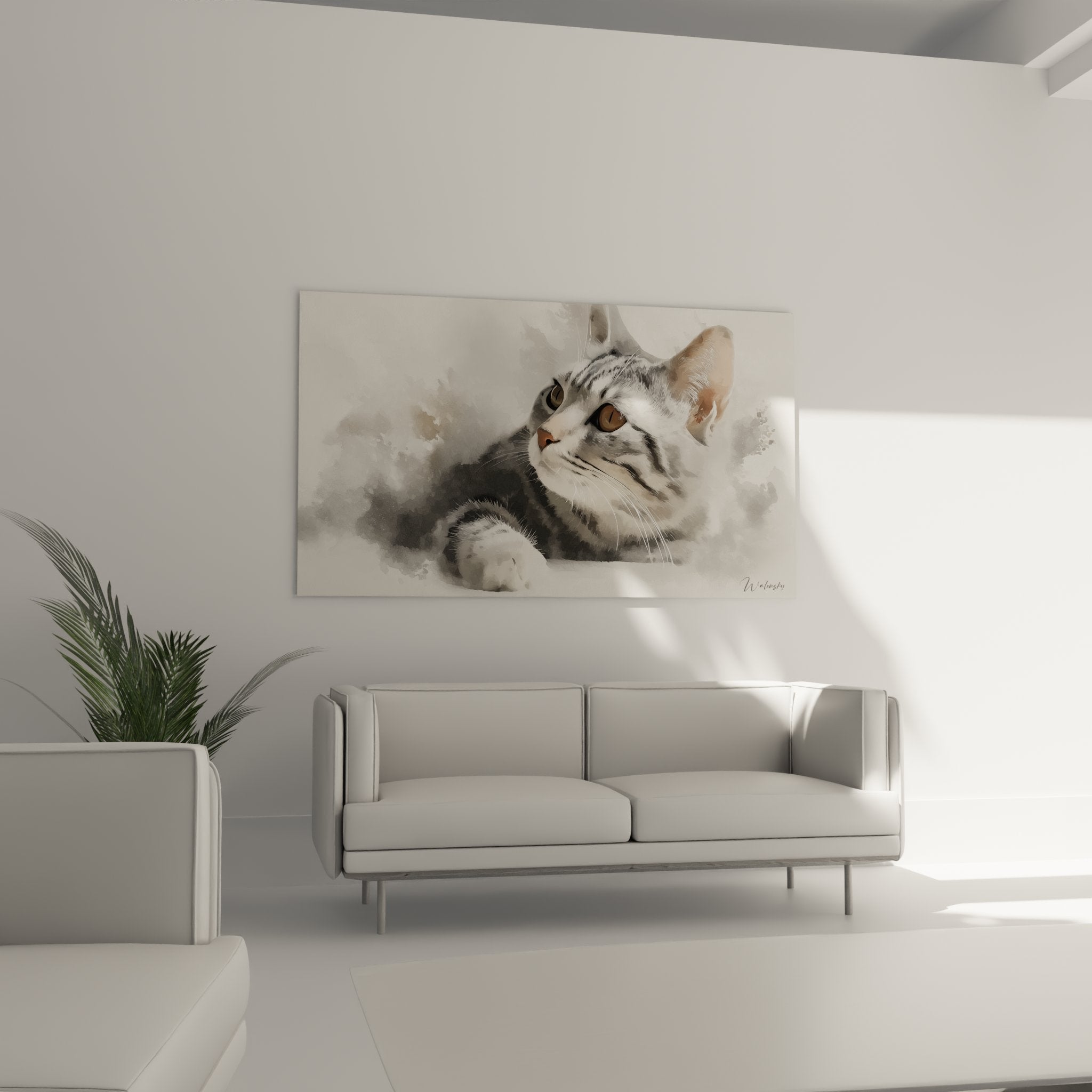 Détail portrait chat American Shorthair aquarelle, yeux dorés expressifs et pelage tigré finement peint