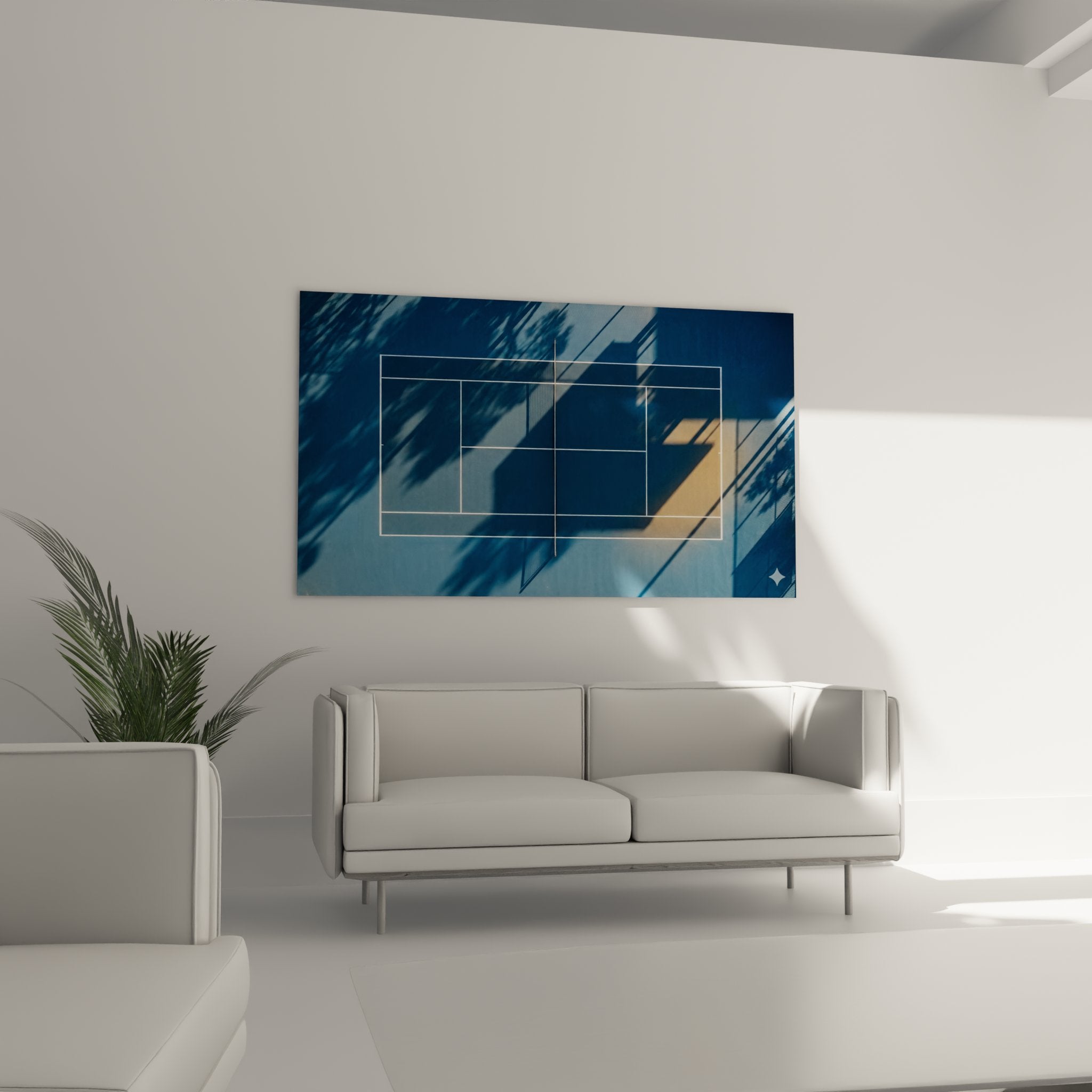 Detail tableau tennis abstrait montrant textures bleues et formes geometriques blanches style contemporain