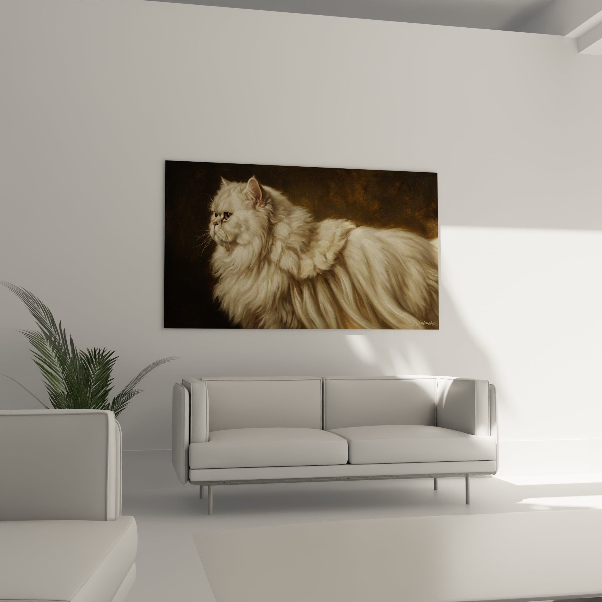 Primo piano quadro gatto persiano bianco, dettagli texture pelliccia setosa, pittura realistica alta qualità