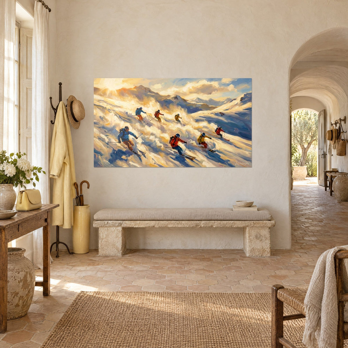 Wall art of skiers descending in orange and yellow jackets through cream and blue snow sprays, Provençal stone farmhouse