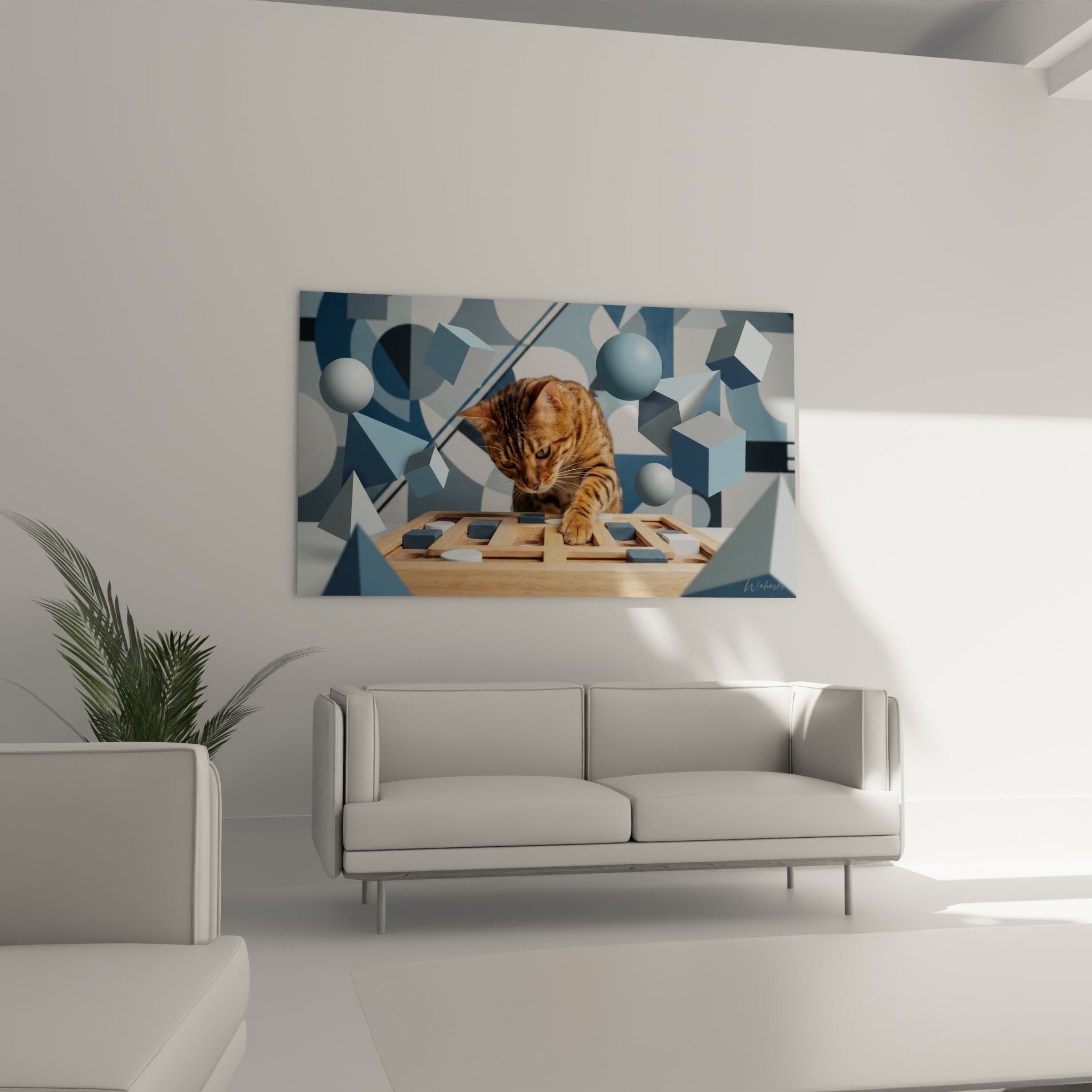 Detail tableau chat Bengal concentre sur puzzle bois formes geometriques art moderne felin