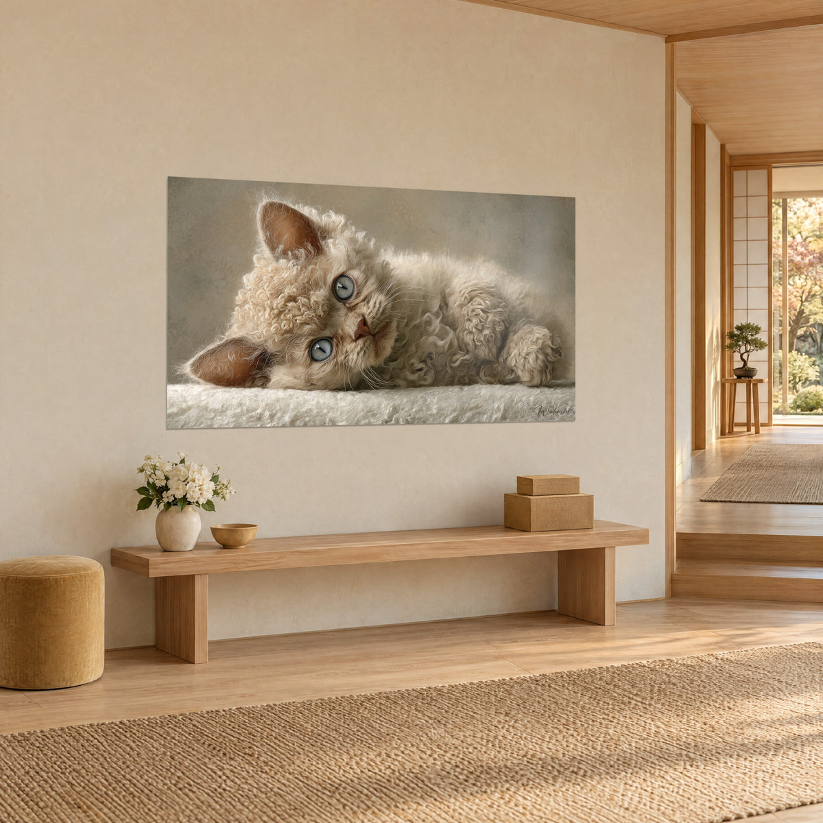 Schilderij Selkirk Rex met zandbeige krullen, bleekroze snuit en ijzig blauwe blik, aan de muur van een japandi-hal, driekwart aanzicht
