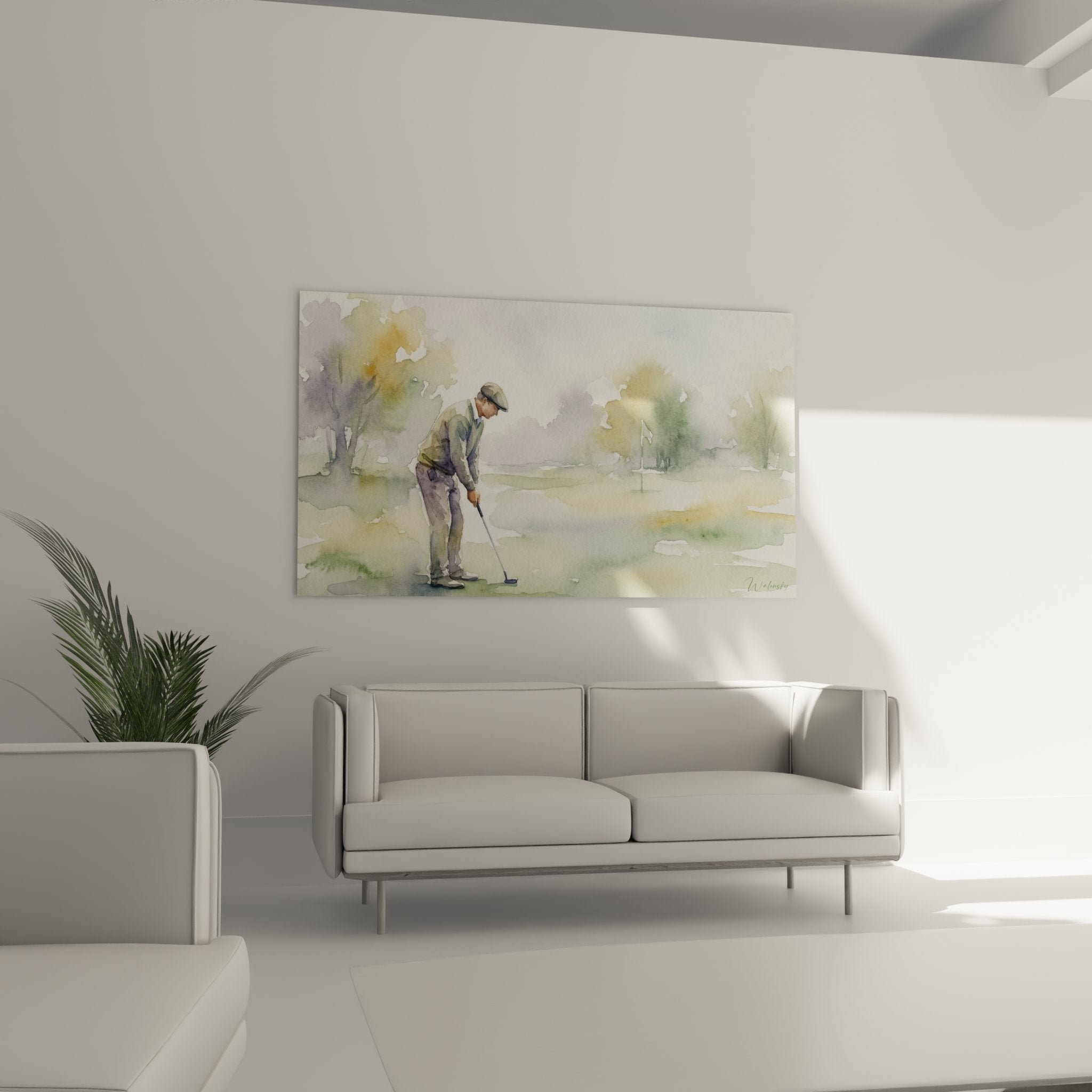 Détail rapproché du tableau aquarelle golf montrant la technique picturale et les nuances de couleurs