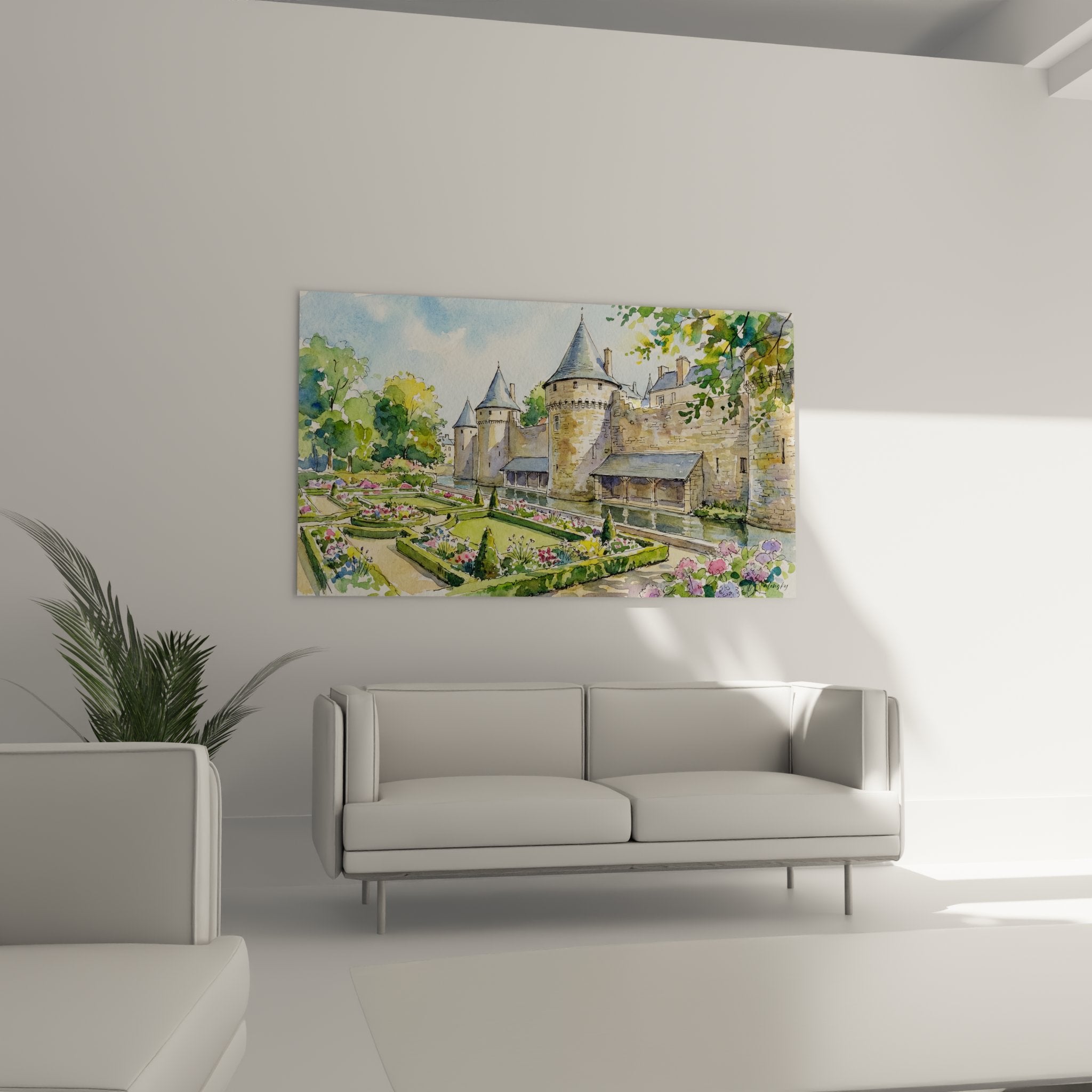 Détail aquarelle château médiéval Bretagne montrant tours en pierre et toitures ardoise avec jardins géométriques