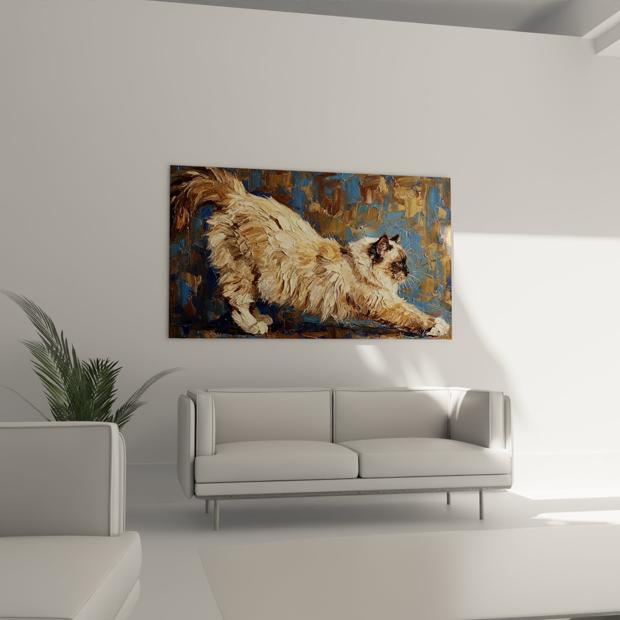 Dettaglio dipinto gatto Birmano che mostra la texture del mantello setoso e la tecnica pittorica espressionista raffinata