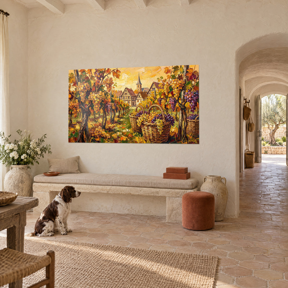 Wall art autumn grape harvest, wicker baskets of amber and purple grapes, rust-colored foliage, seated spaniel, Provençal farmhouse