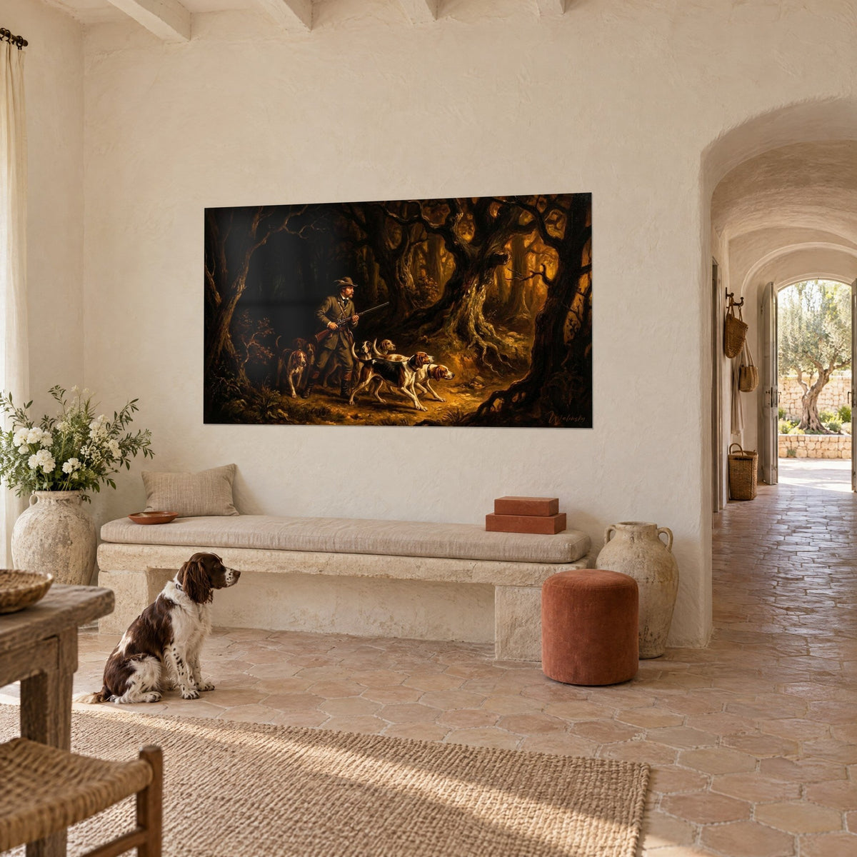 Wall art pack of white and tan hounds following a huntsman, ochre and black undergrowth, white wall of a Provençal farmhouse