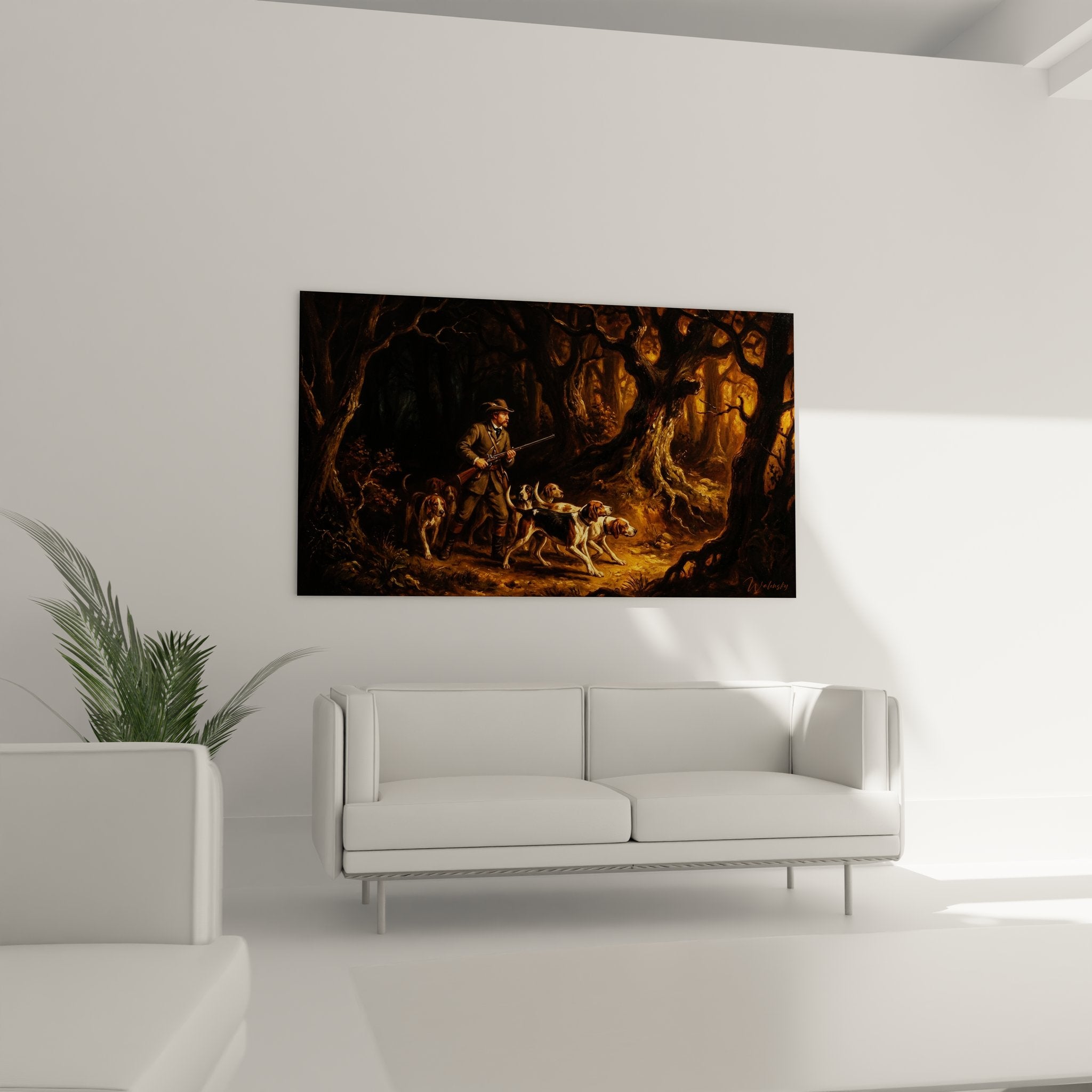 Détail du tableau montrant le chasseur en tenue traditionnelle et ses chiens de chasse dans la forêt mystérieuse