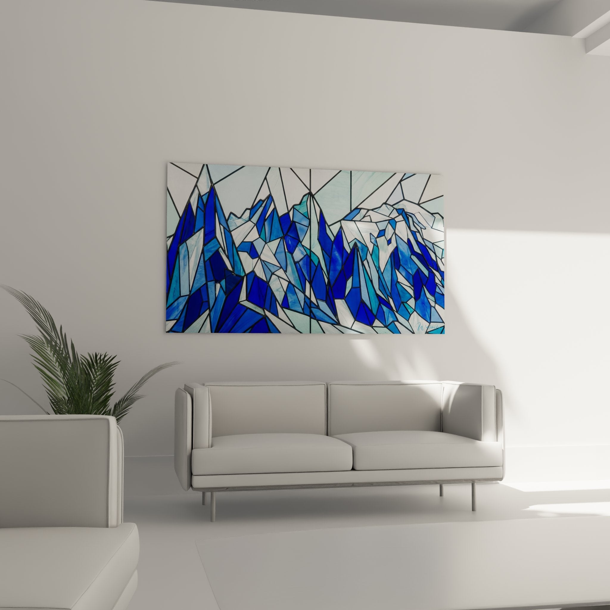 Close-up detail of abstract mountain artwork displaying crystalline textures and icy blue tones