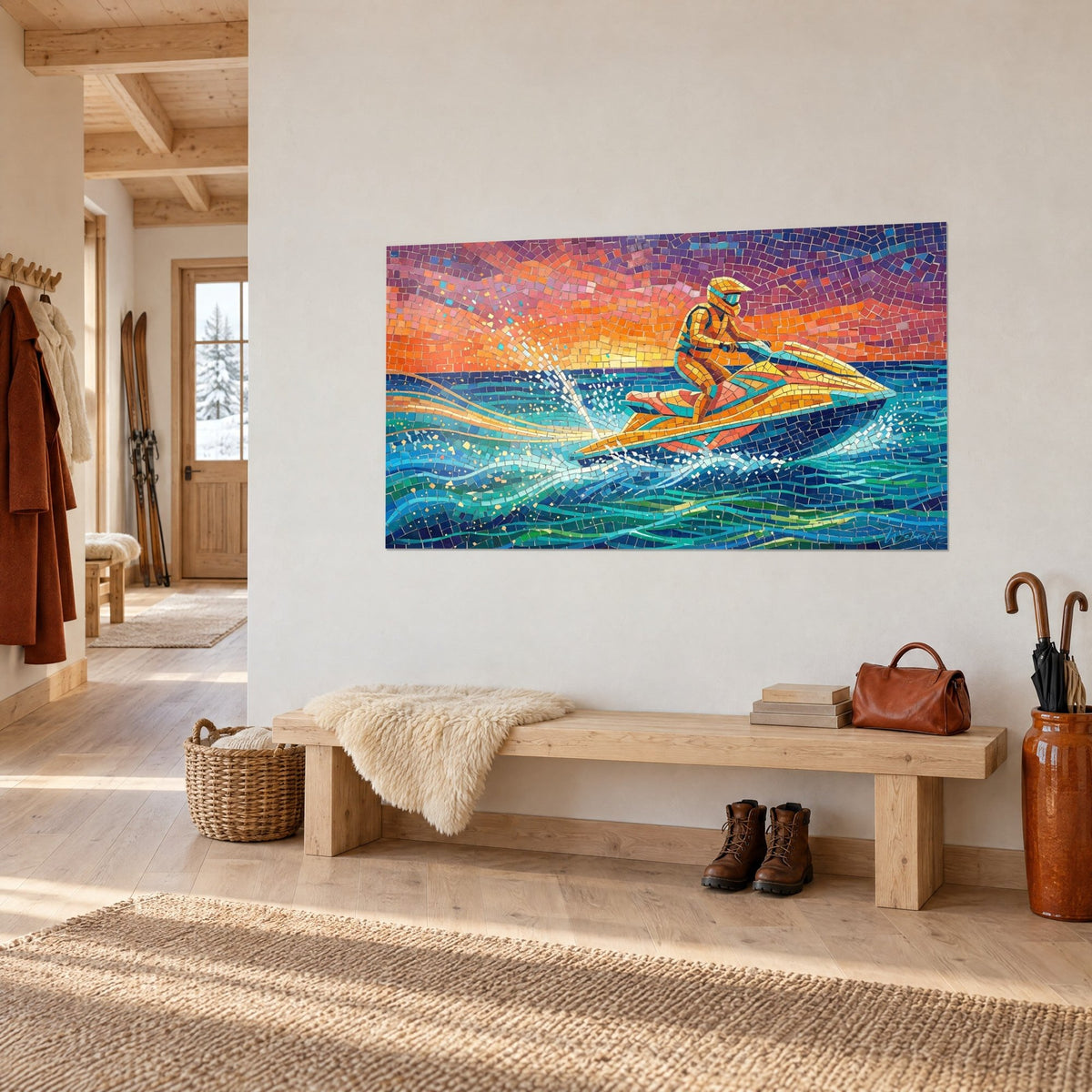 Tableau scooter des mers jaune safran fendant les vagues en tesselles bleu marine et vert, ciel violet, entrée de chalet en bois