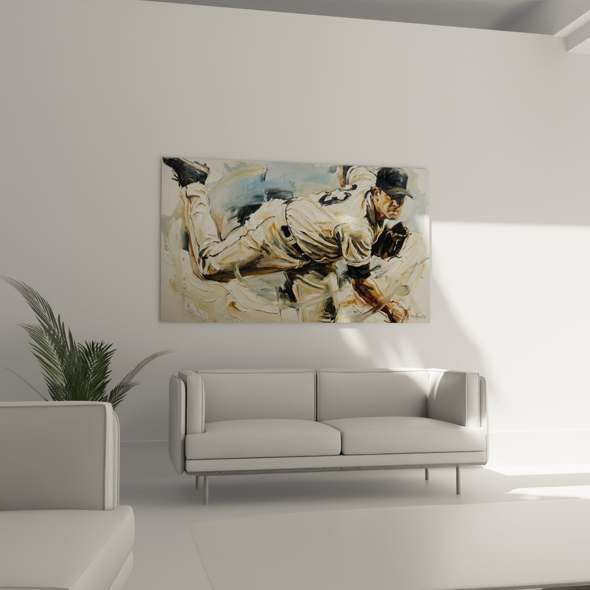 Detail peinture baseball joueur vintage coup de pinceau expressionniste art mural sport americain