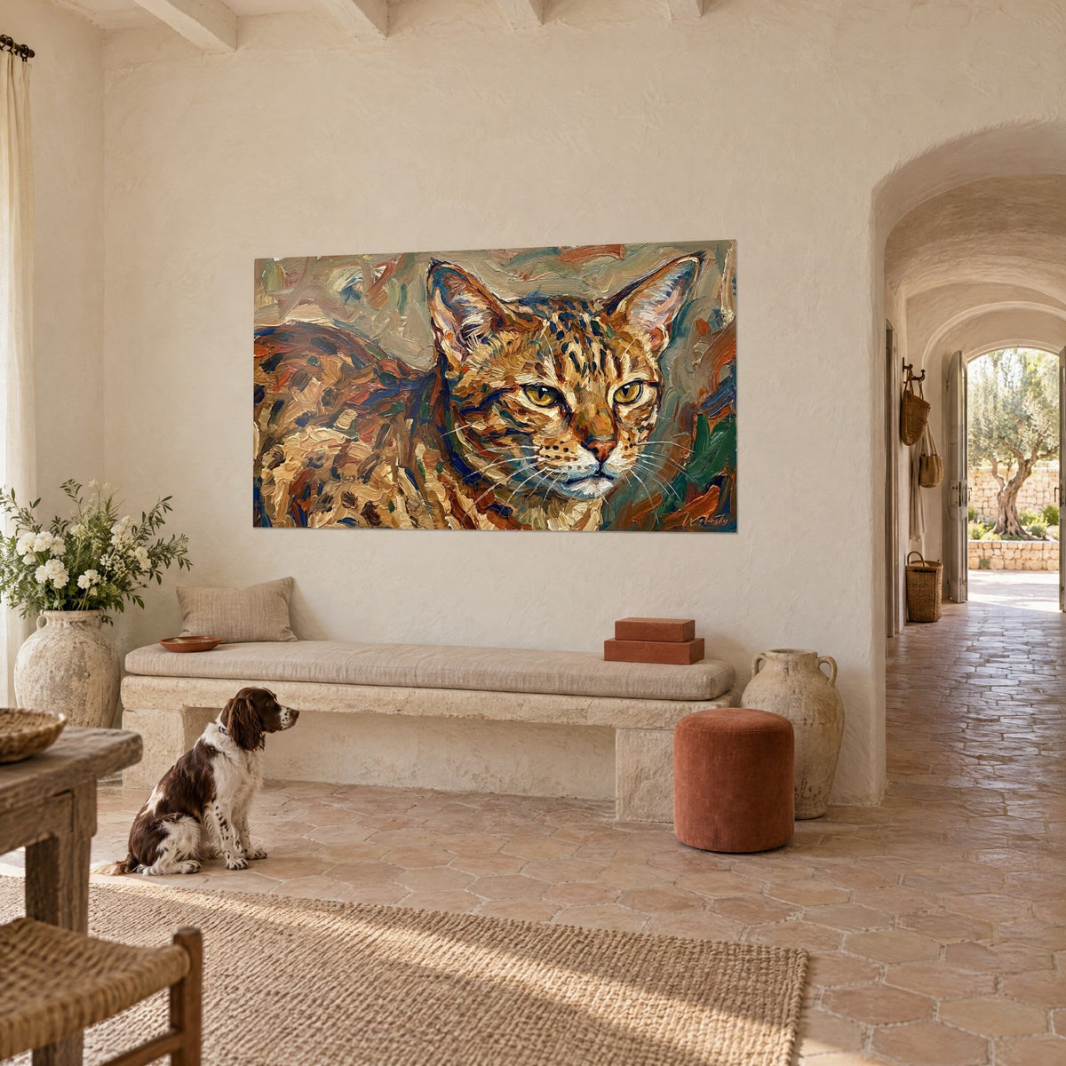 Wall art spotted wildcat with yellow eyes, ochre and fir green brushstrokes, white wall of a Provençal farmhouse, seated spaniel
